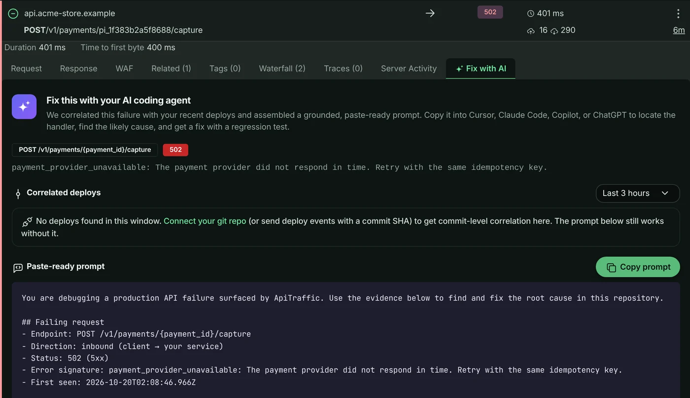 Fix with AI tab on a failed payment capture request: the endpoint and error signature, correlated deploys, and a paste-ready prompt for an AI coding agent
