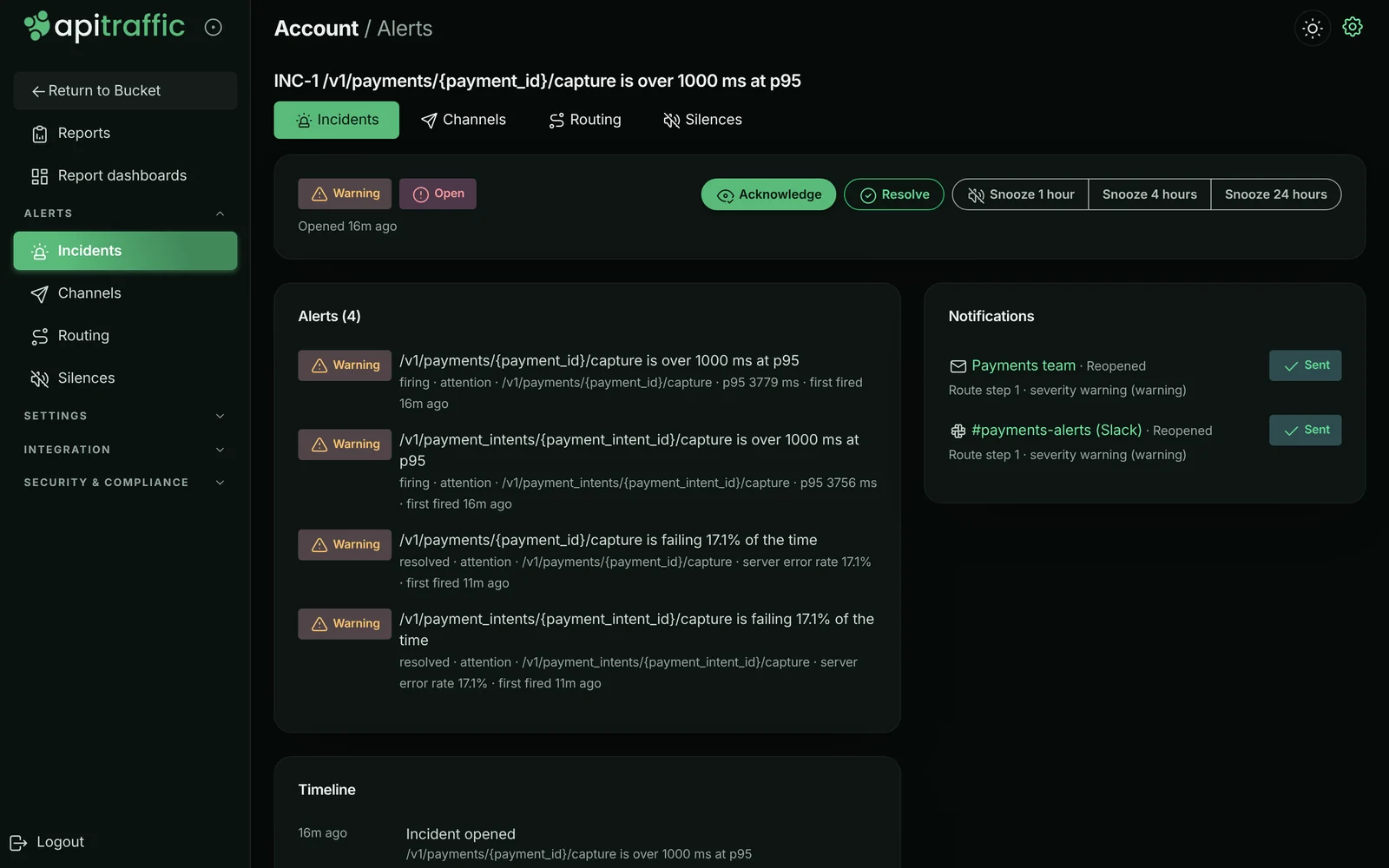 Incident INC-1 grouping four alerts on the payment capture endpoints, slow p95 and a 17.1% server error rate, with Acknowledge, Resolve and Snooze, and notifications sent to the Payments team email and a Slack channel by route step 1