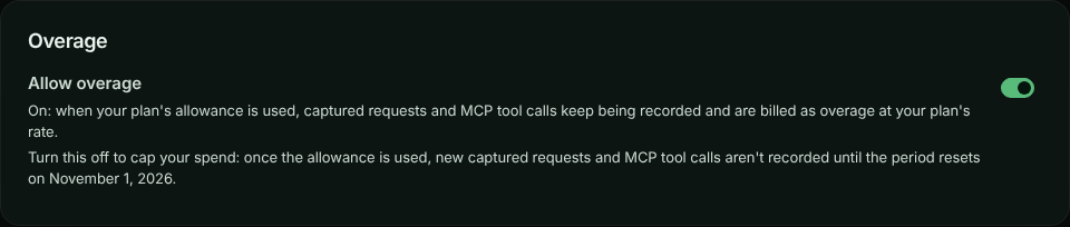 The Overage card with the Allow overage switch turned on, and the description of what turning it off does
