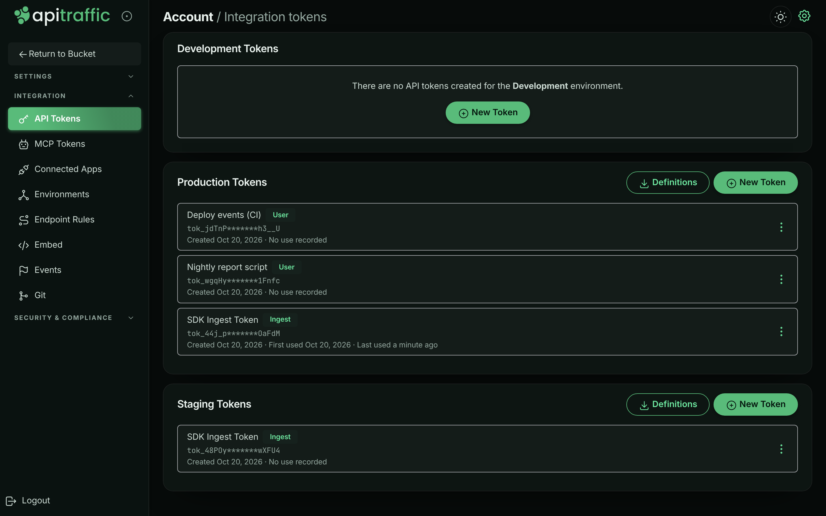API Tokens page with a Production Tokens card listing an Ingest token and a User token with their created, first used and last used dates