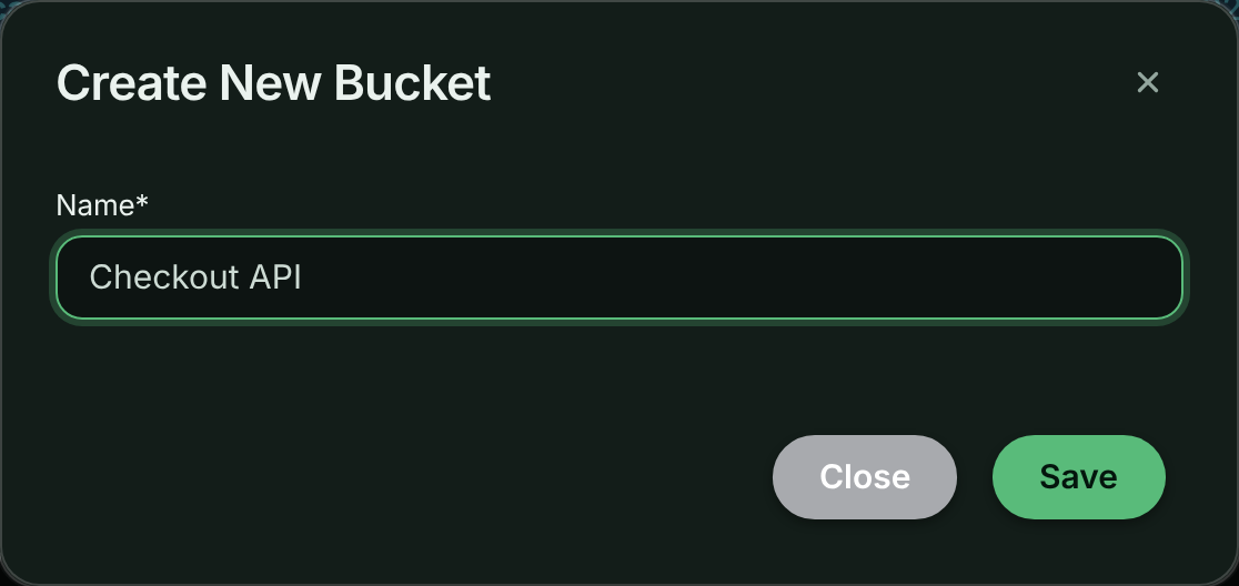 Create New Bucket dialog with the Name field filled in as Checkout API