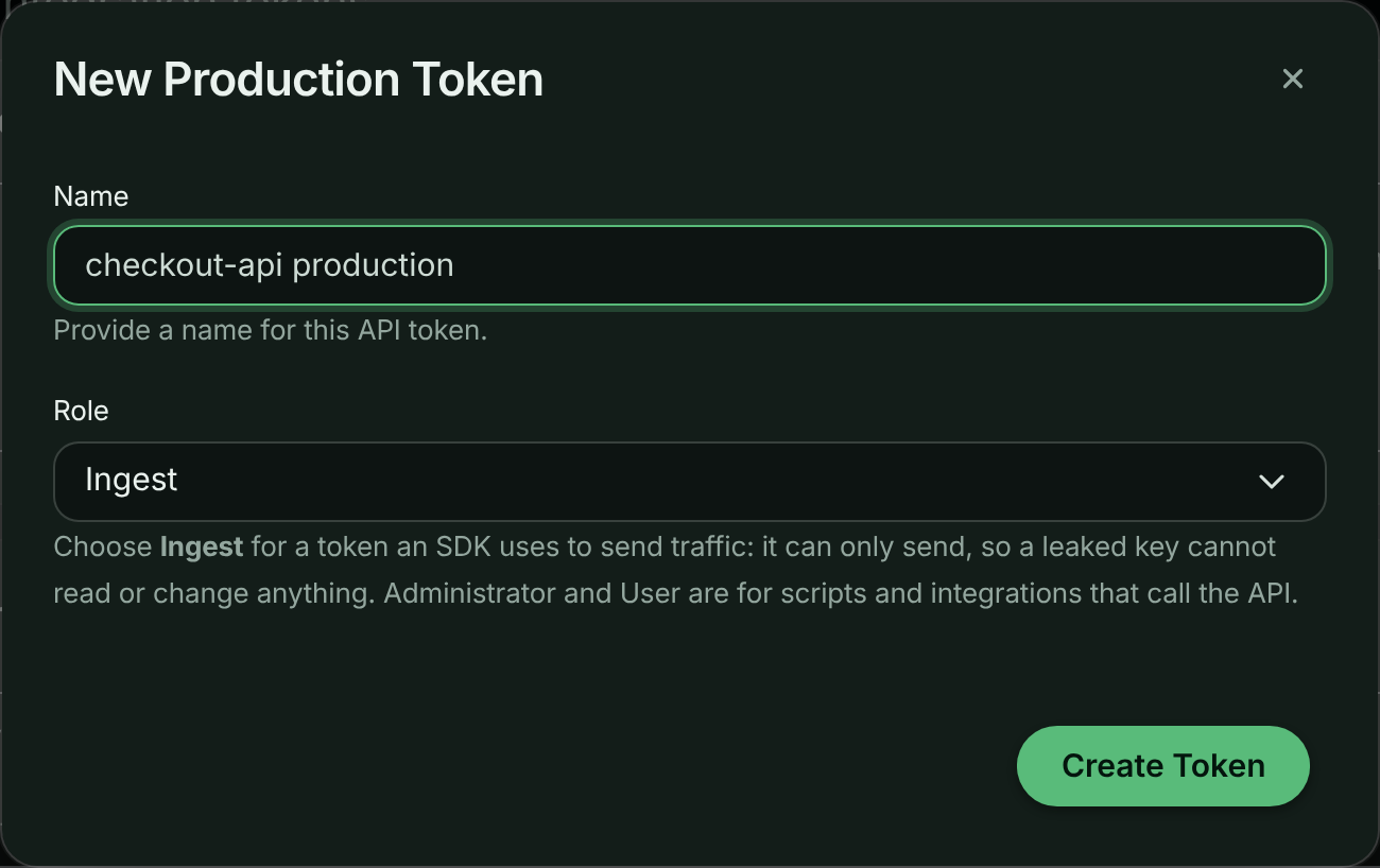 New Production Token dialog with the Name field filled in and Ingest selected as the role