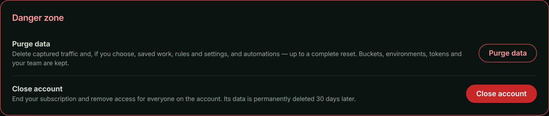 Danger zone card with Purge data and Close account buttons