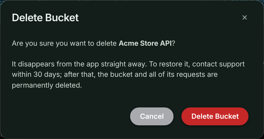 Delete Bucket dialog asking to confirm deleting Checkout API, with Cancel and Delete Bucket buttons
