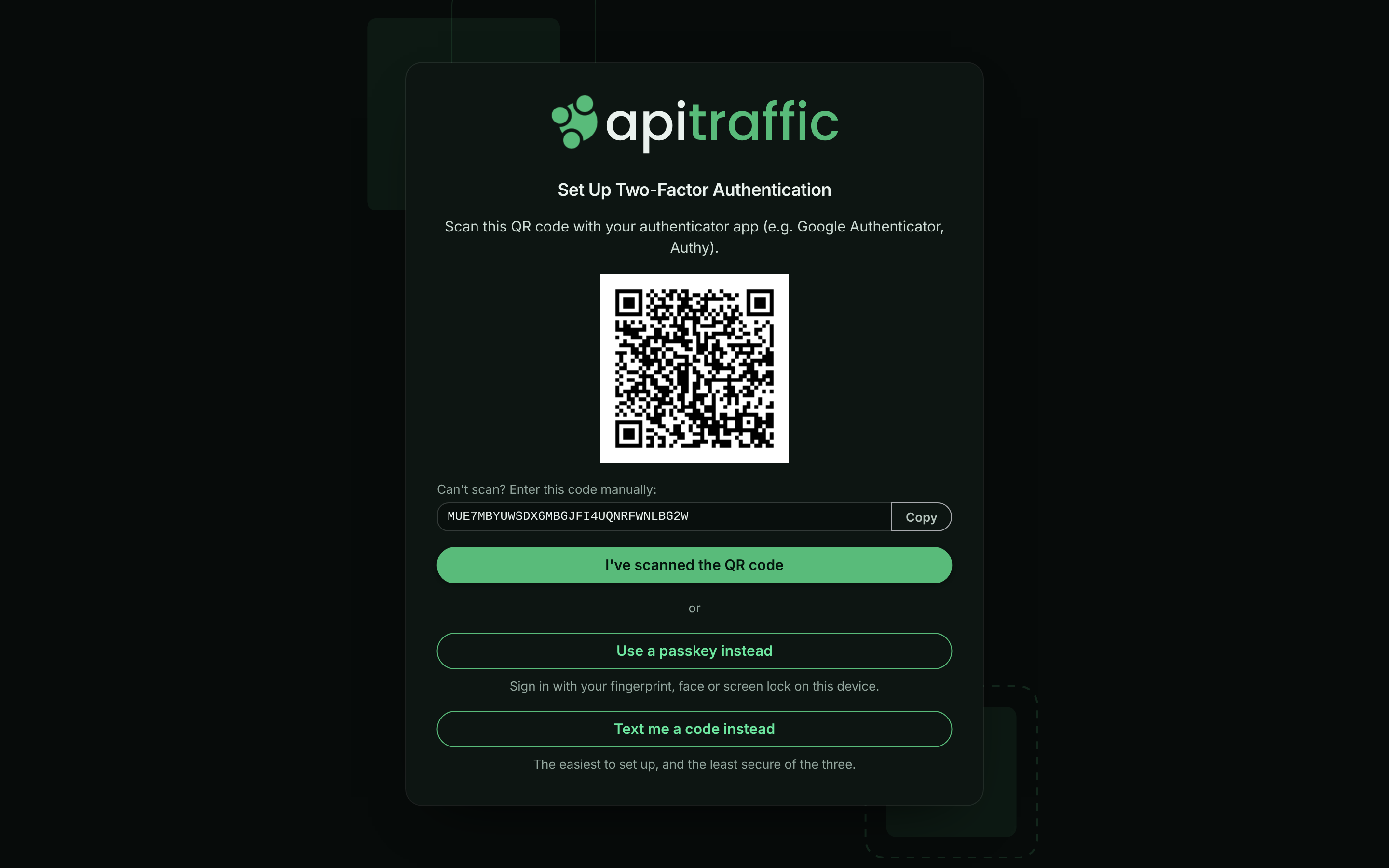 Set Up Two-Factor Authentication screen with a QR code, a manual setup code and the I've scanned the QR code button