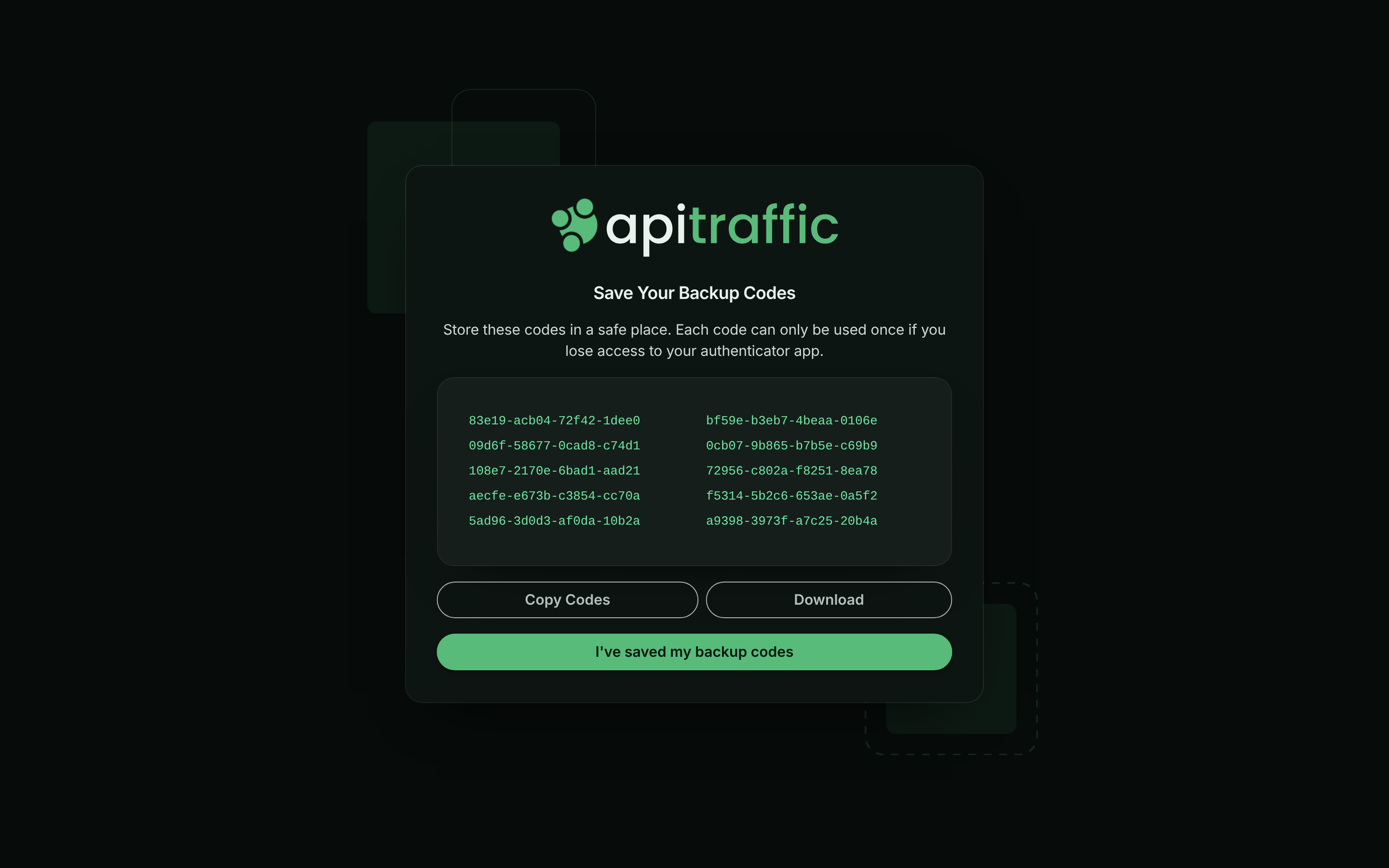 Save Your Backup Codes screen listing ten one-time codes with Copy Codes and Download buttons