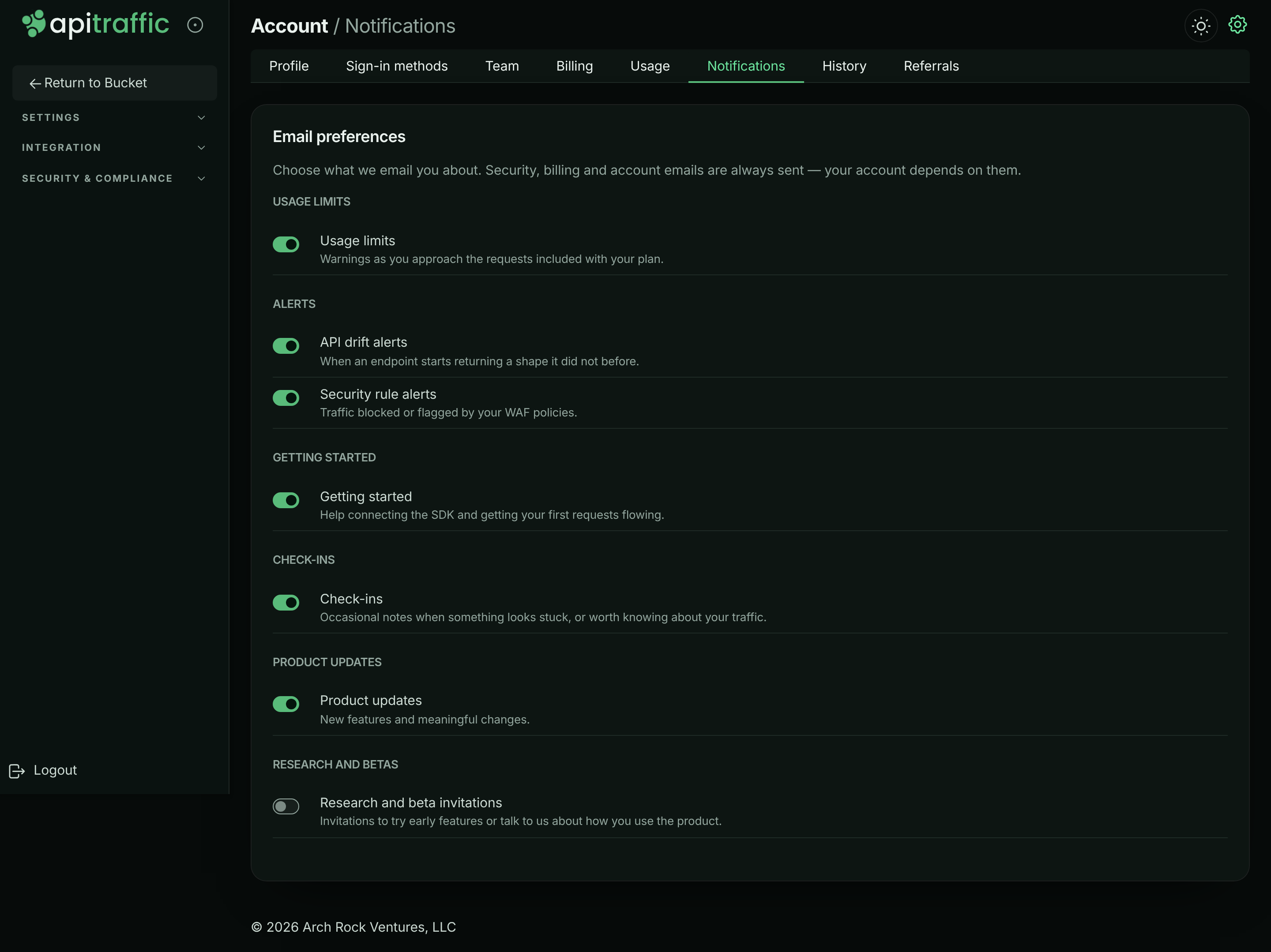 Email preferences card listing email topics in groups, each with an on/off switch