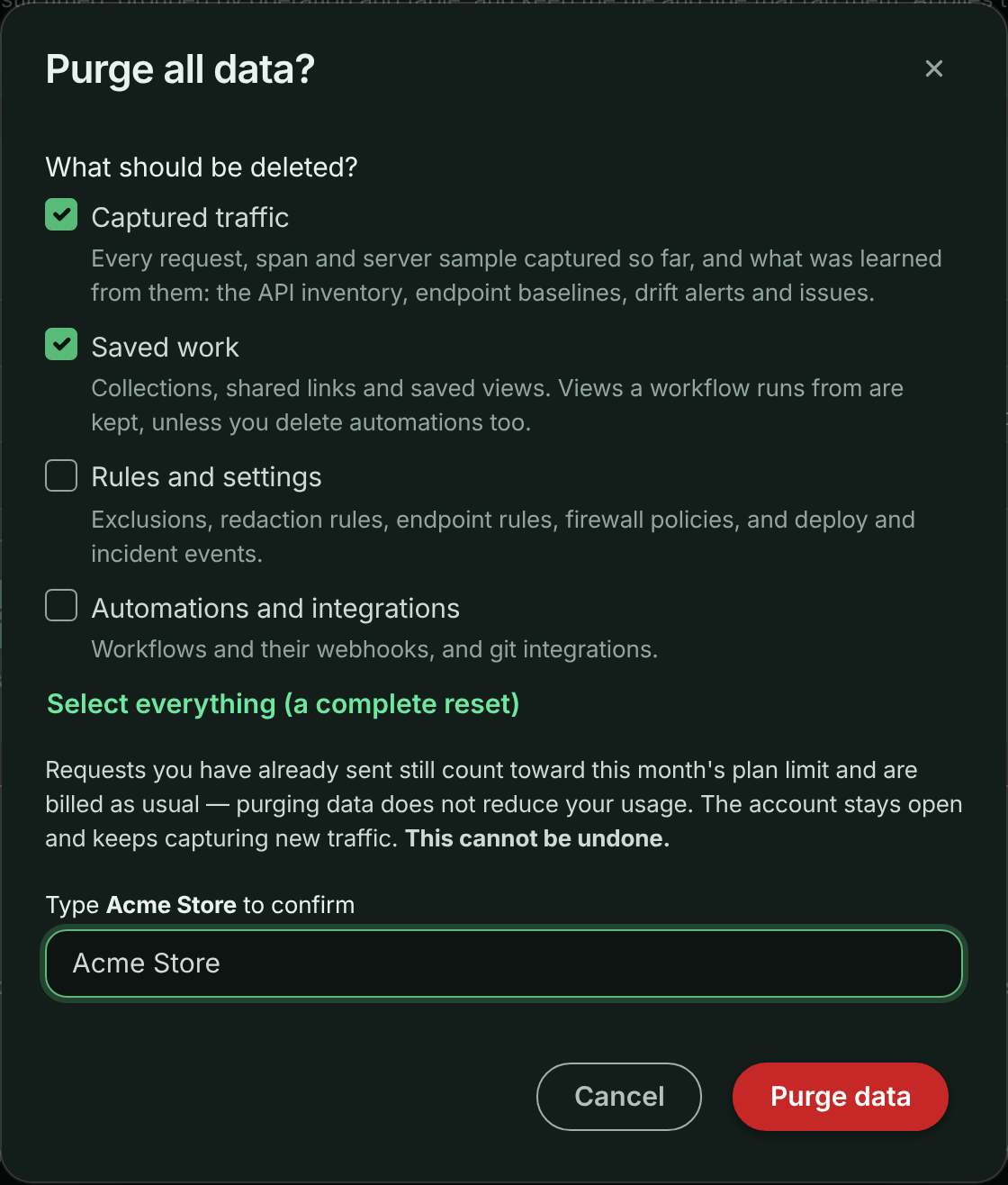 Purge all data dialog with checkboxes for captured traffic, saved work, rules and settings, and automations, and the account name typed to confirm