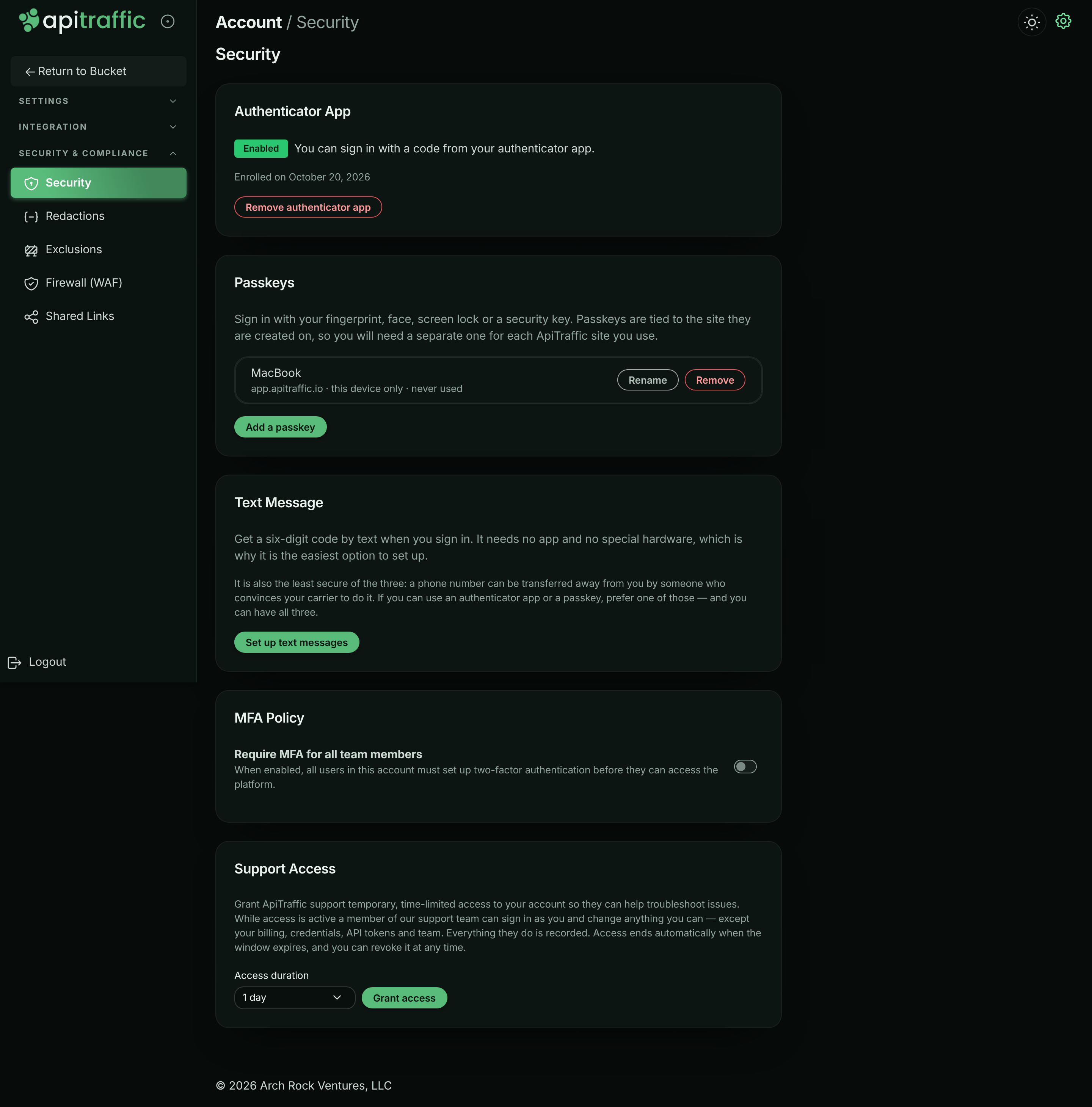 Security page with the Authenticator App, Passkeys, Text Message, MFA Policy and Support Access cards