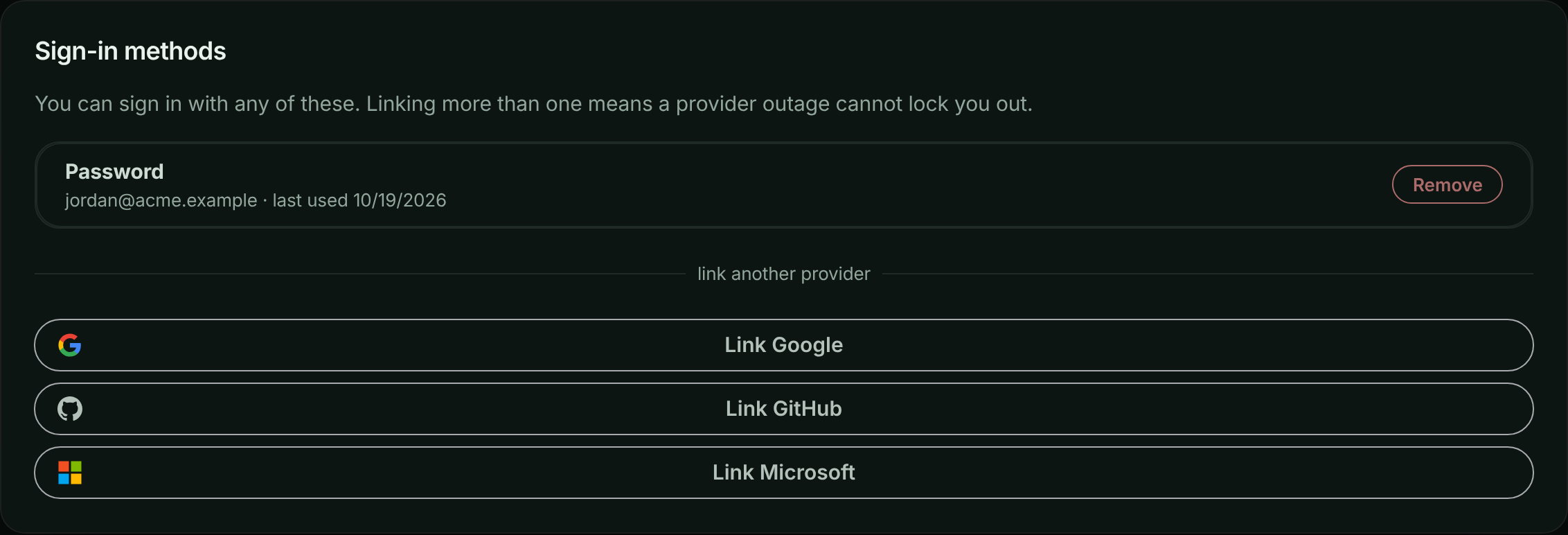 Sign-in methods card listing the password sign-in, with buttons to link Google, GitHub and Microsoft