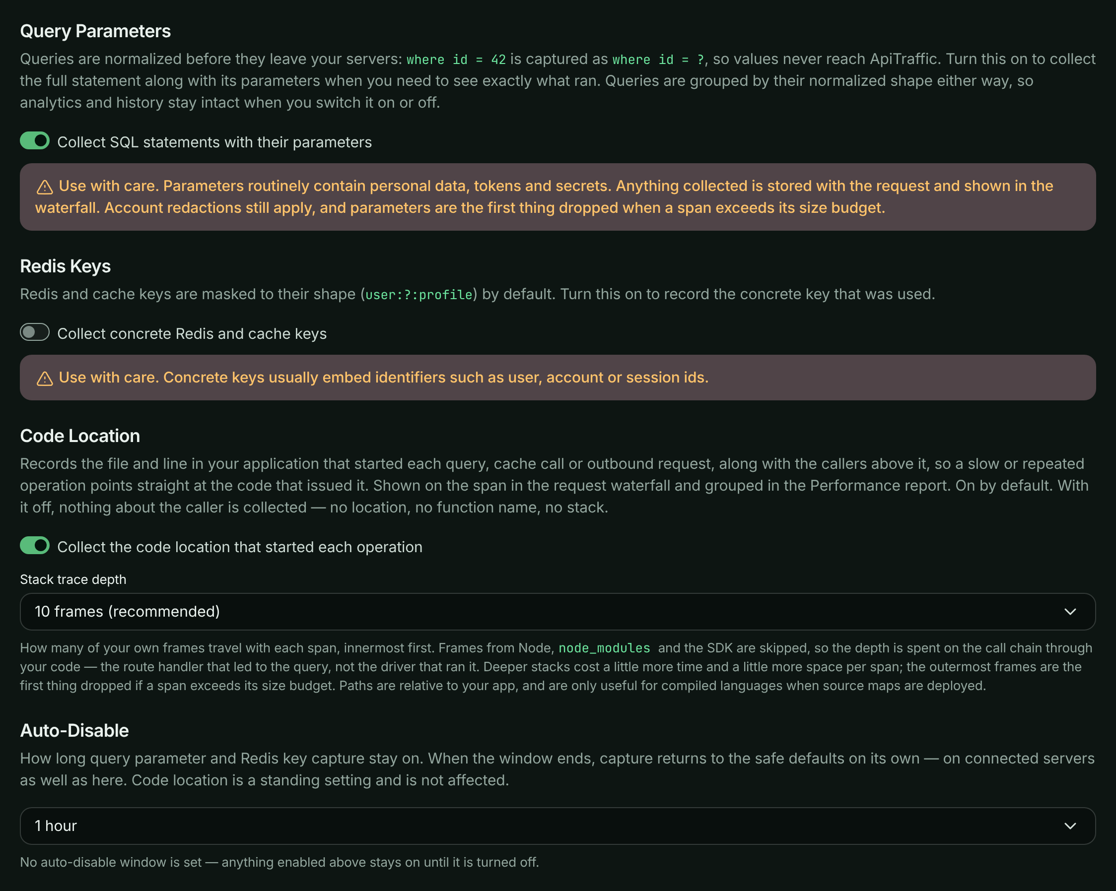 Query Parameters switch turned on with the use-with-care warning, and Auto-Disable set to 1 hour