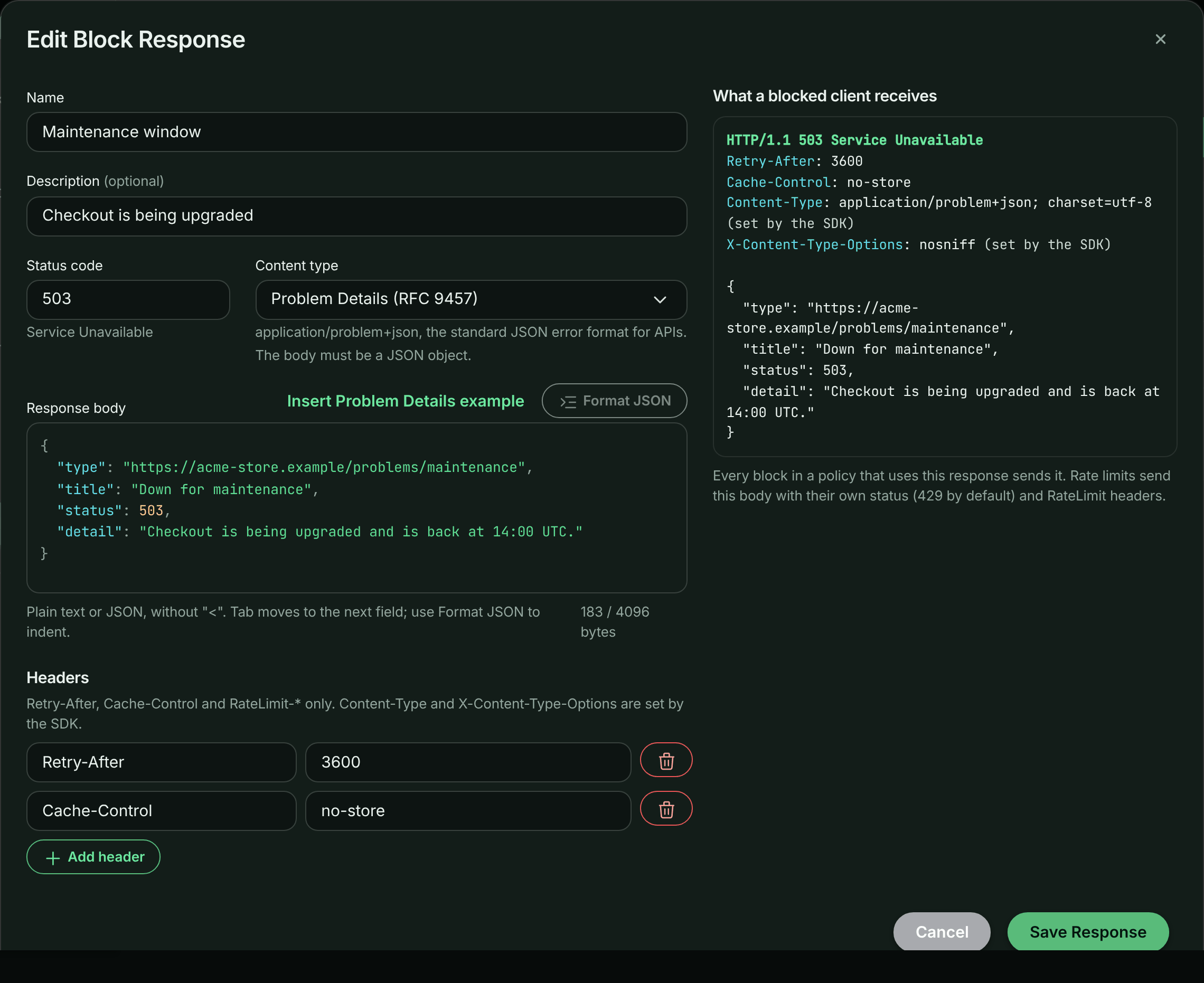 Edit Block Response dialog with status, content type, a JSON body editor, headers and the response preview