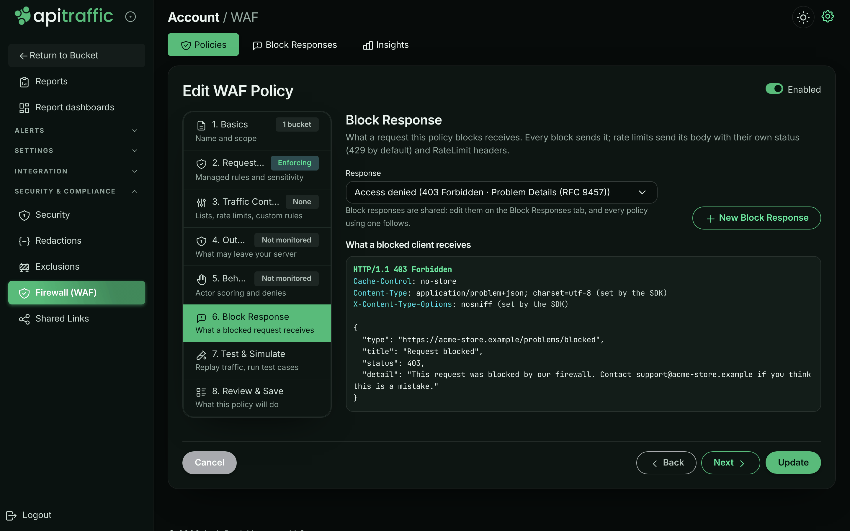 Policy editor on the Block Response step with a response selected and its preview