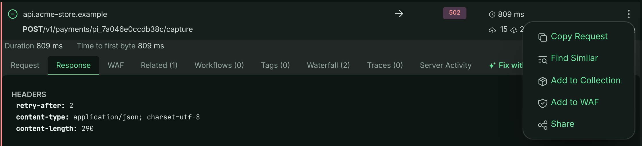 Request actions menu with Copy Request, Find Similar, Add to Collection, Add to WAF and Share options