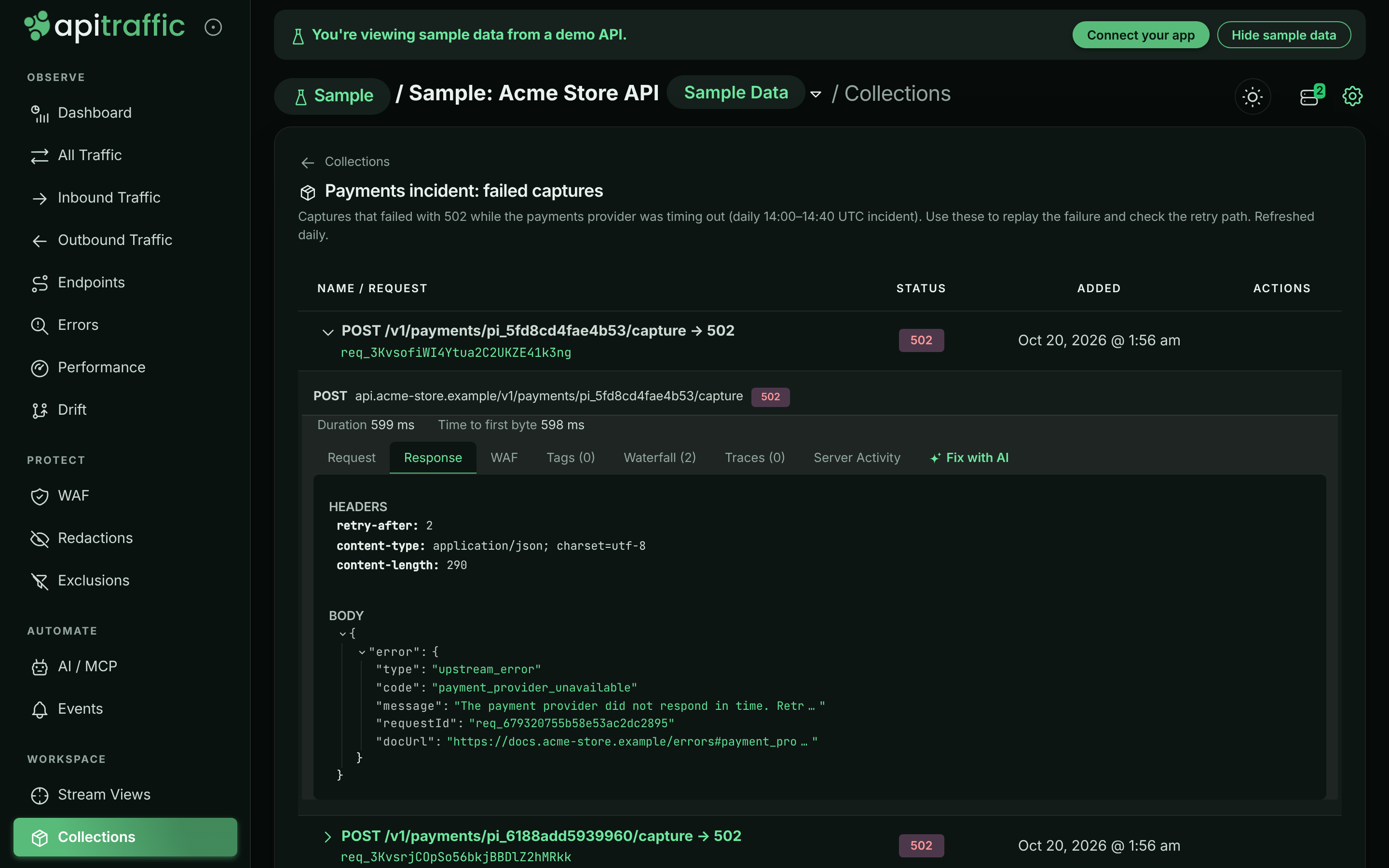 Collection detail page listing failed capture requests with status badges, one expanded to show its request detail