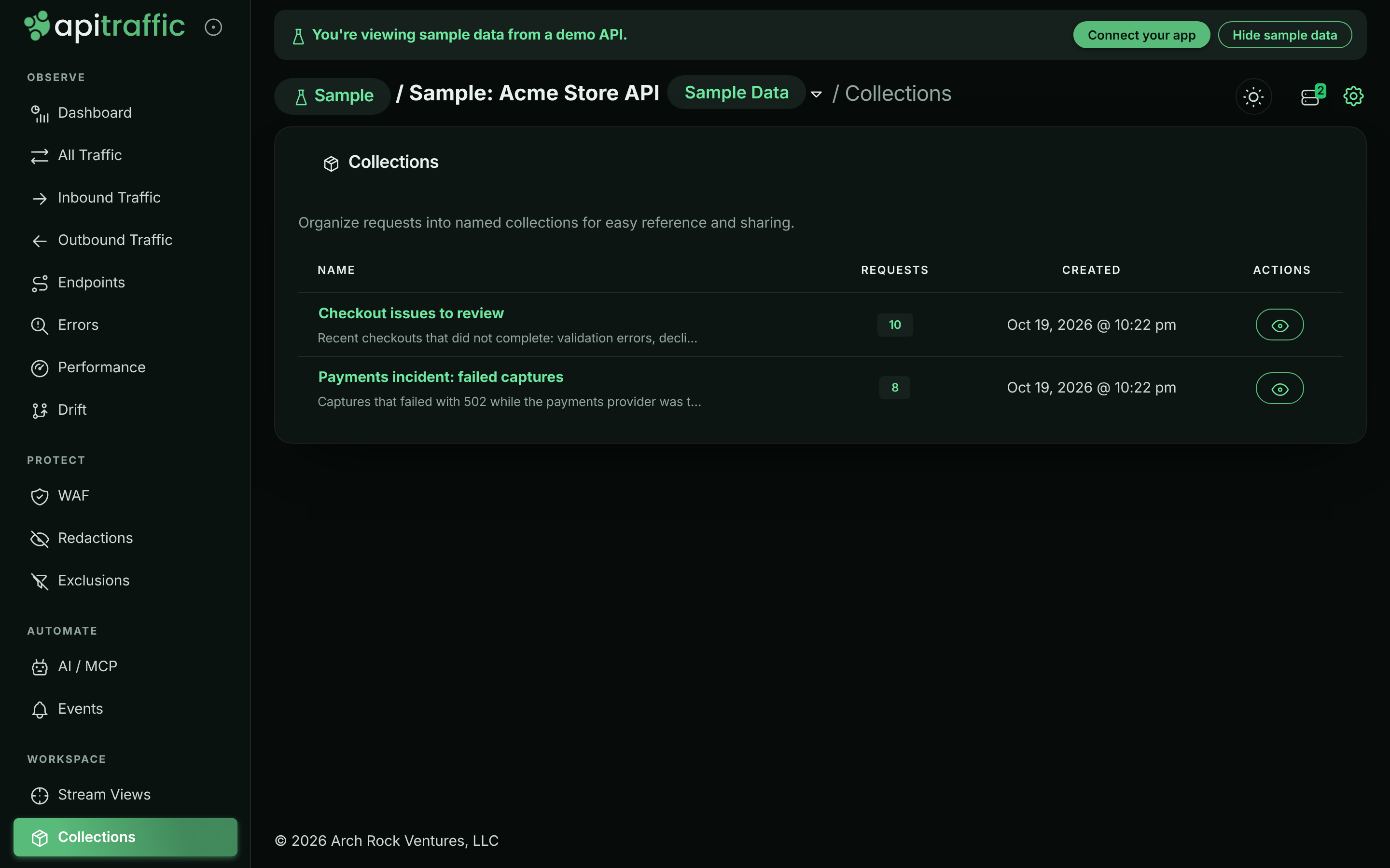 Collections page listing the two sample collections with their request counts