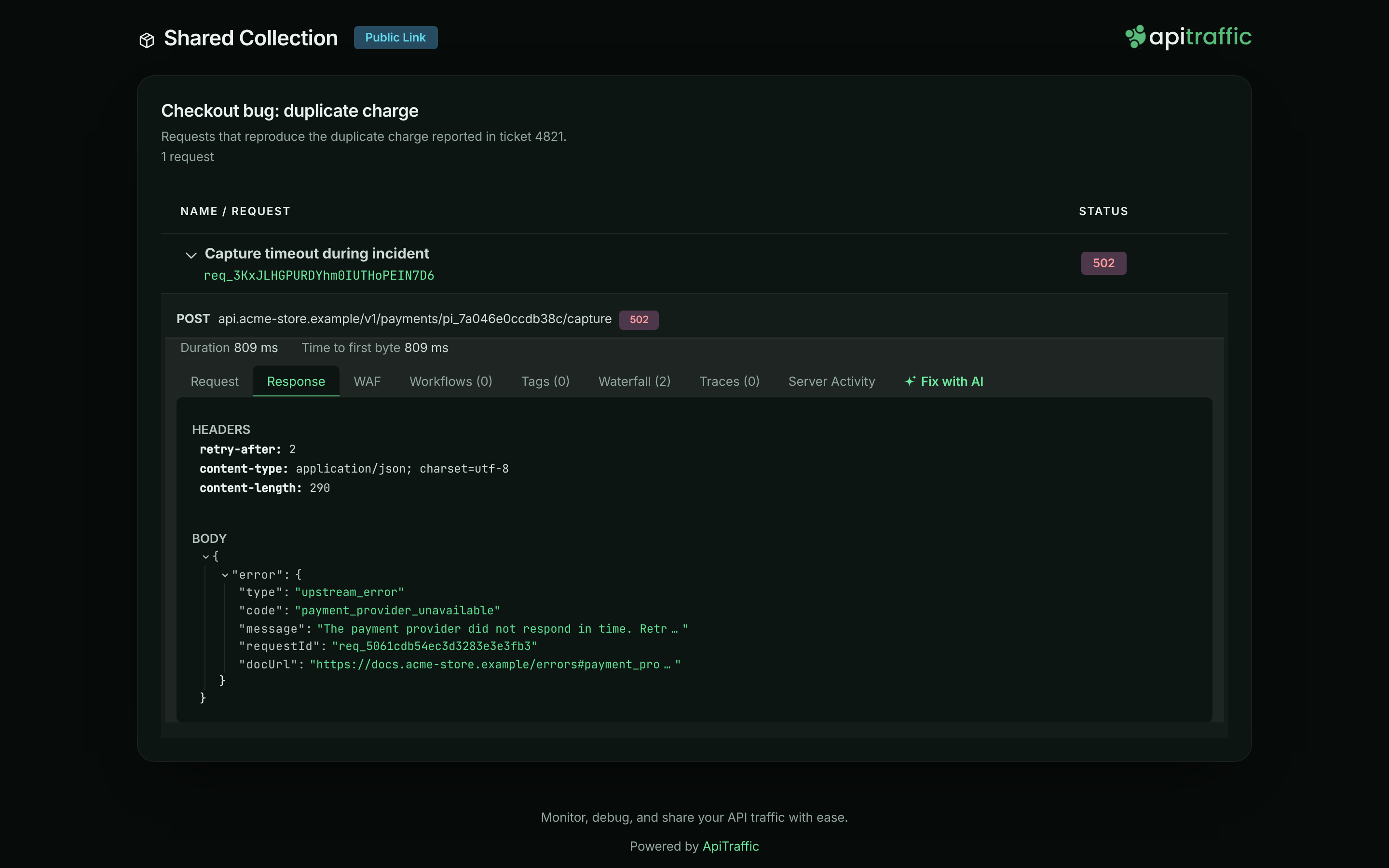 Public shared collection page with the collection name, details, request list and one expanded request