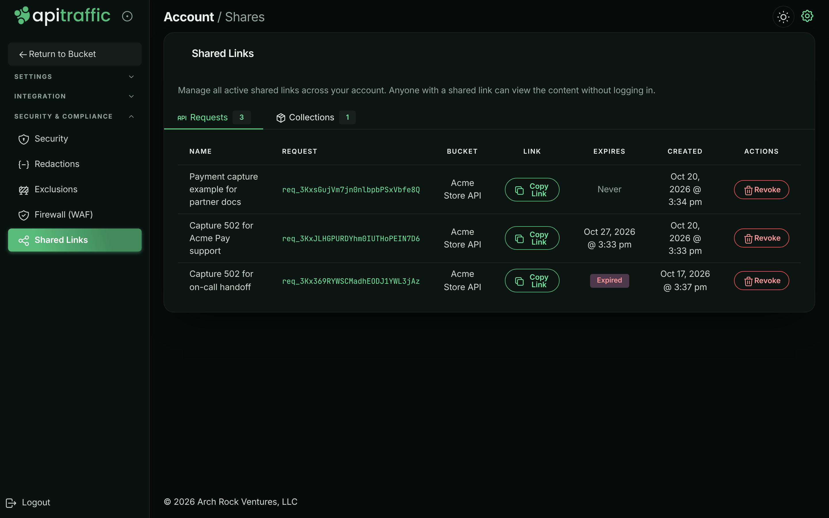Shared Links page with Requests and Collections tabs and a table of links showing name, request, bucket, link, expiry and created date