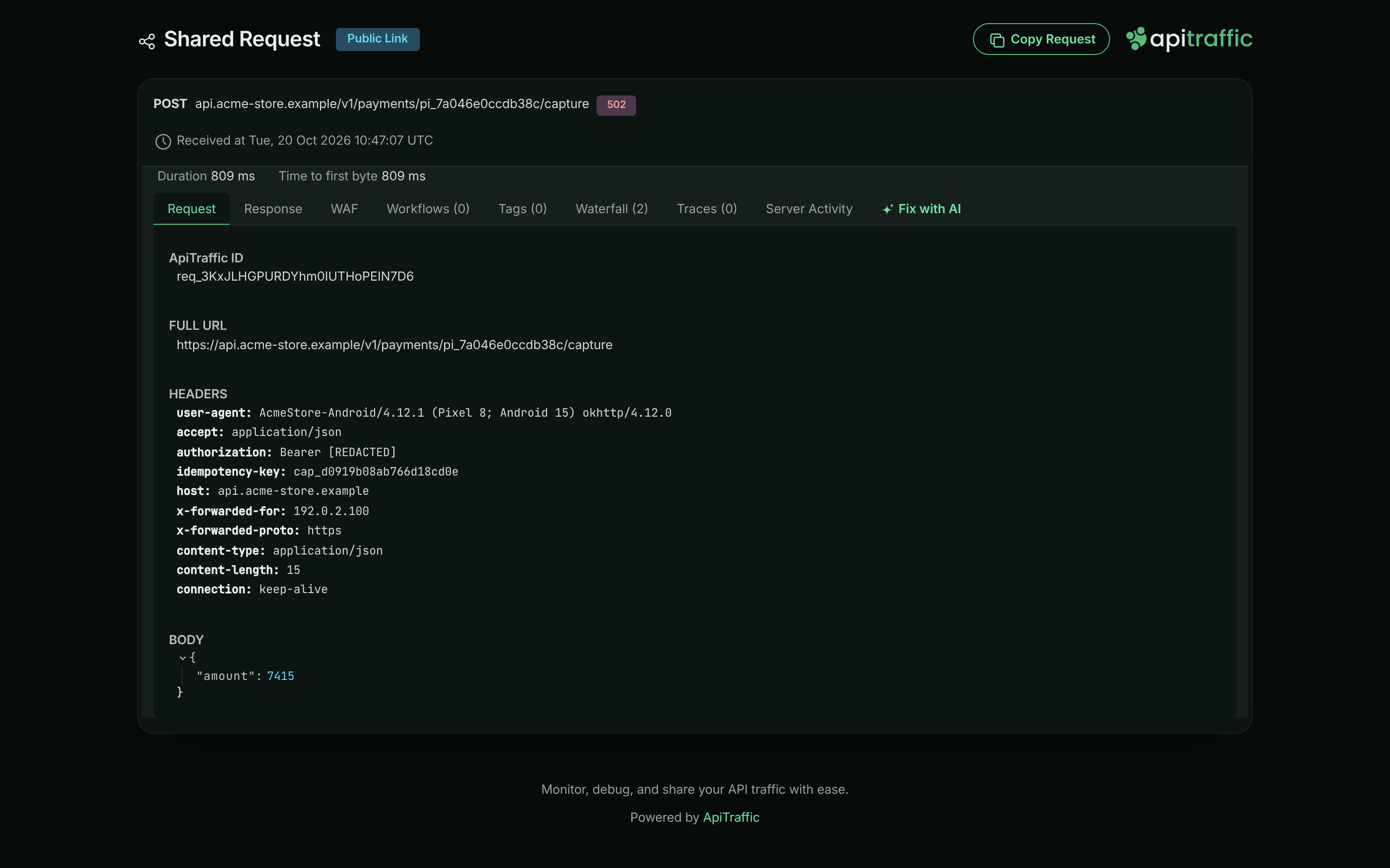 Public Shared Request page with the Public Link badge, method, path, status, received time and request detail tabs