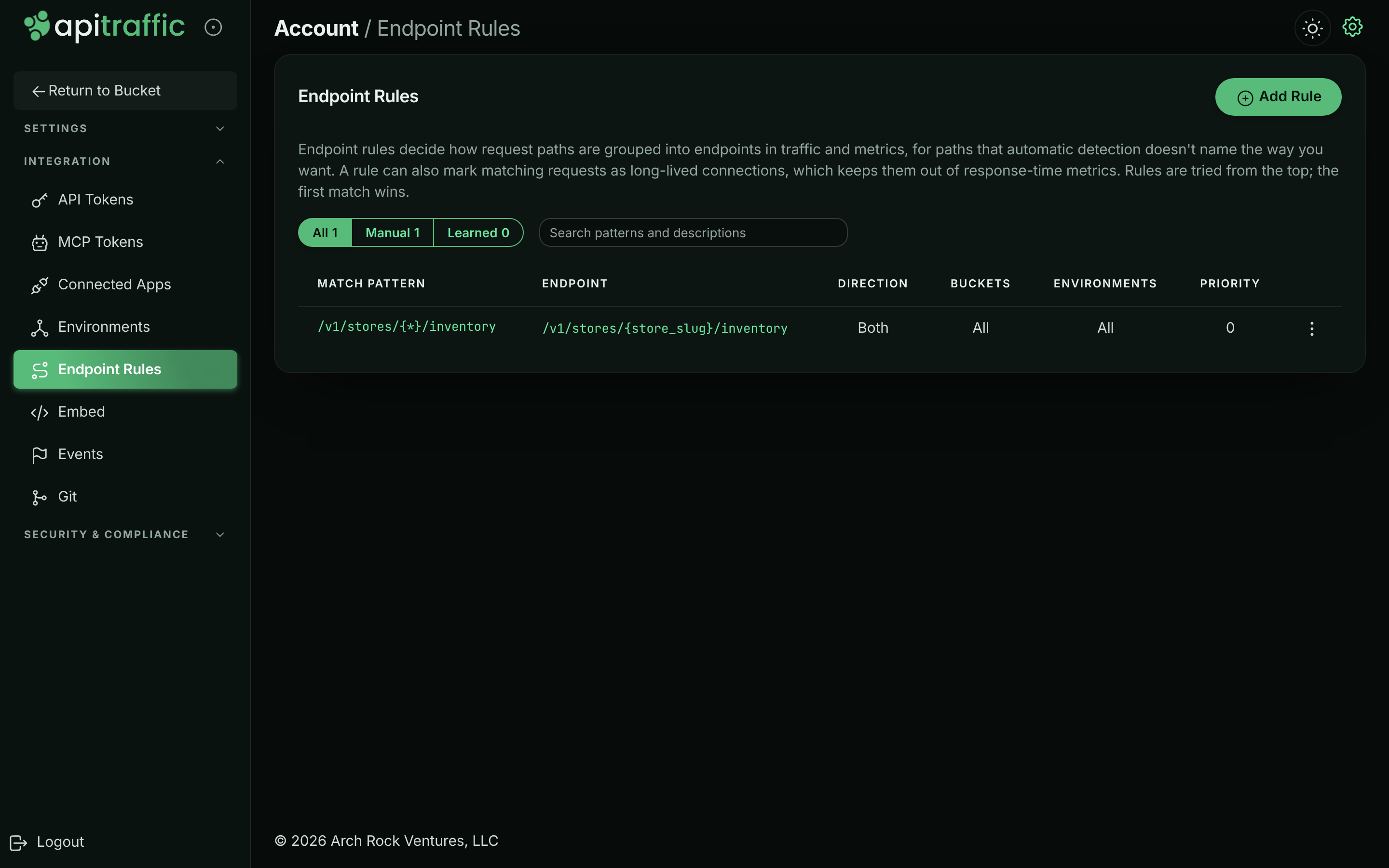 Endpoint Rules page listing match patterns, endpoint names, direction, buckets, environments and priority