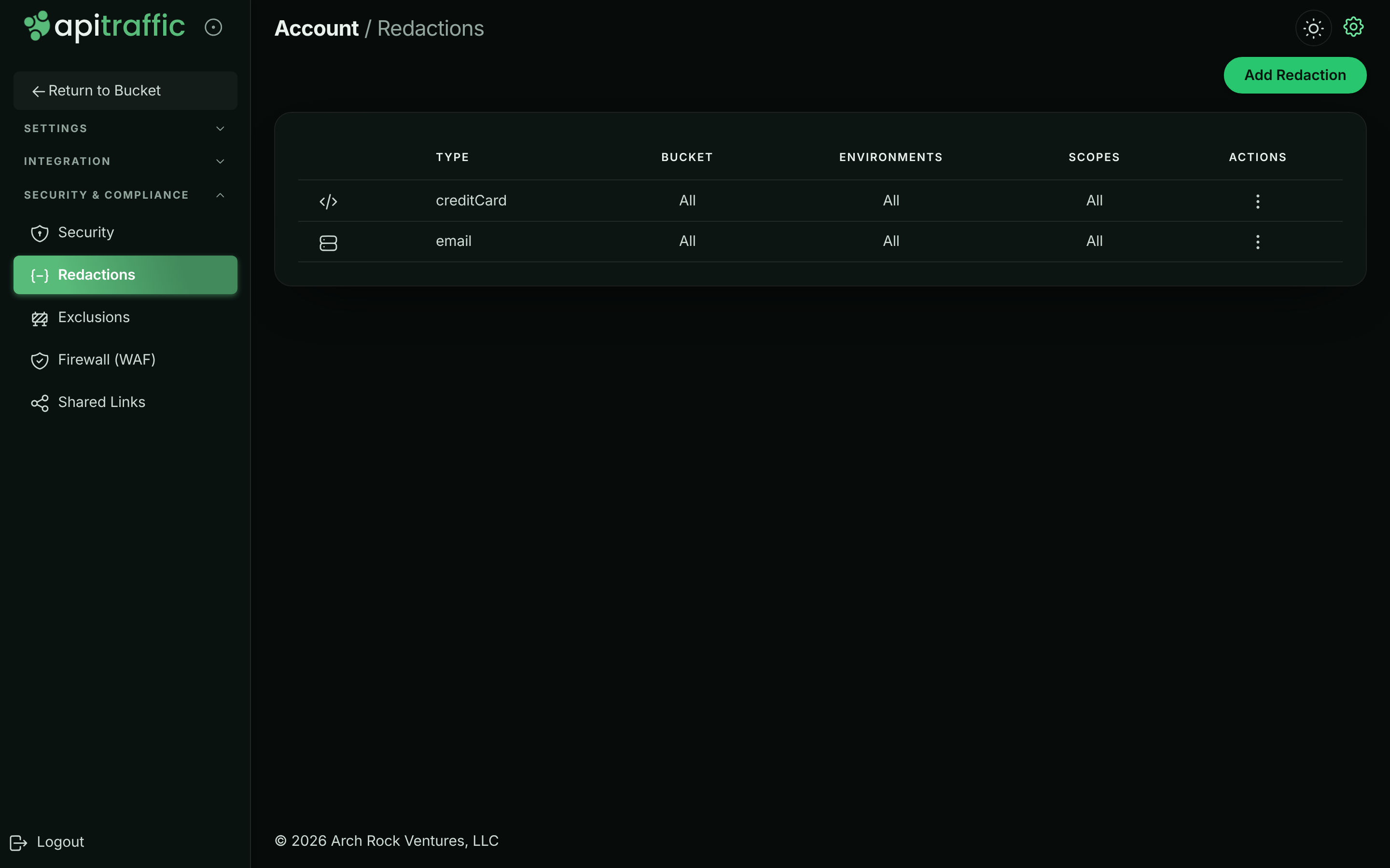 Redactions page listing rules with type, bucket, environments and scopes, and an Add Redaction button