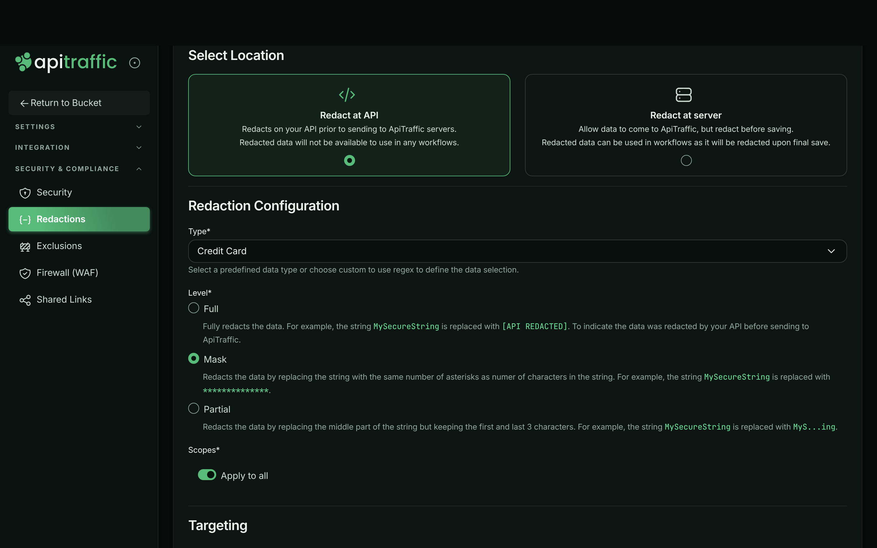 Create Redaction form with Redact at API selected, Type Credit Card, Level Mask and Apply to all scopes
