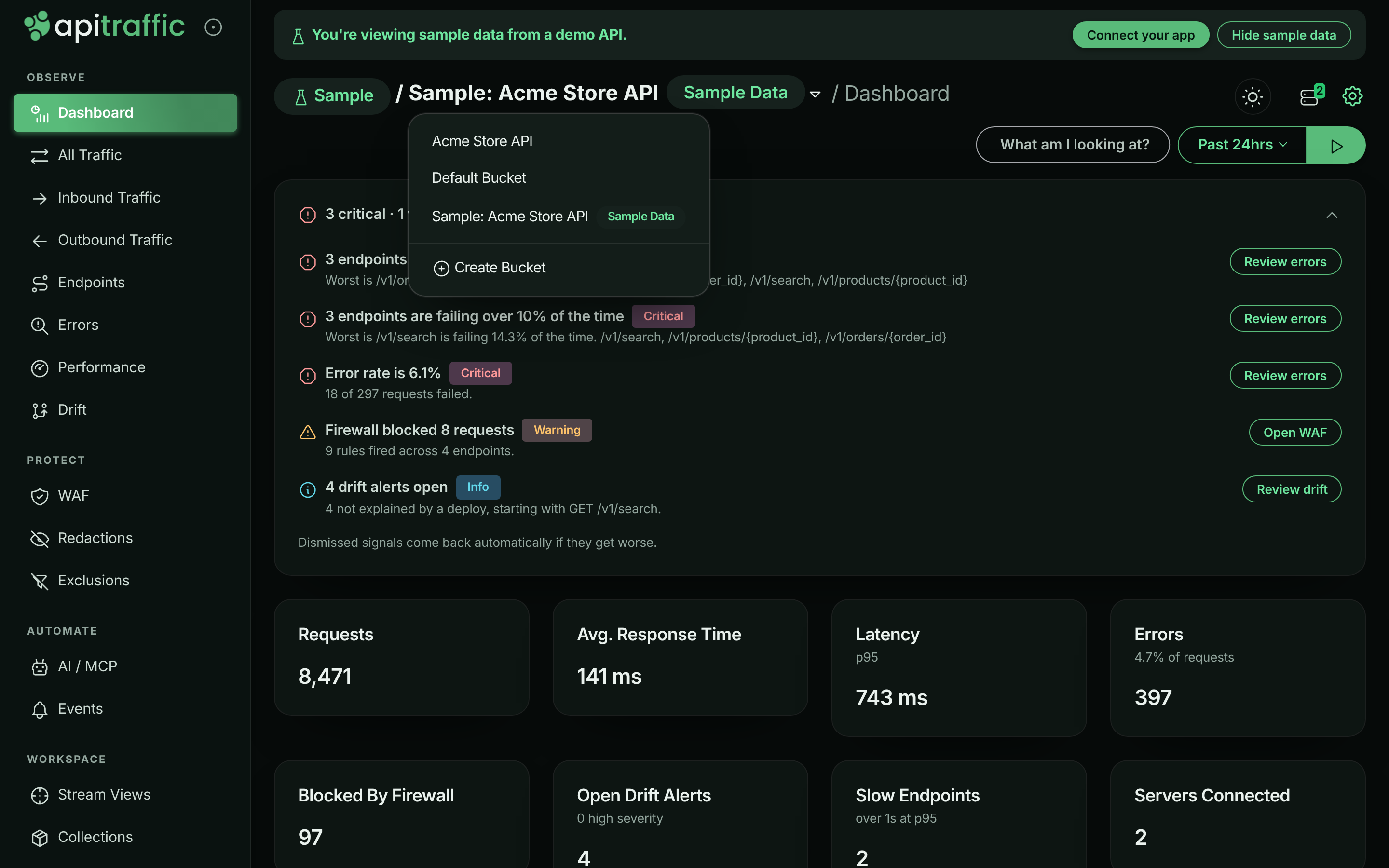 Dashboard of the Sample: Acme Store API bucket with the sample data banner, and the bucket menu listing the sample bucket with a Sample Data pill
