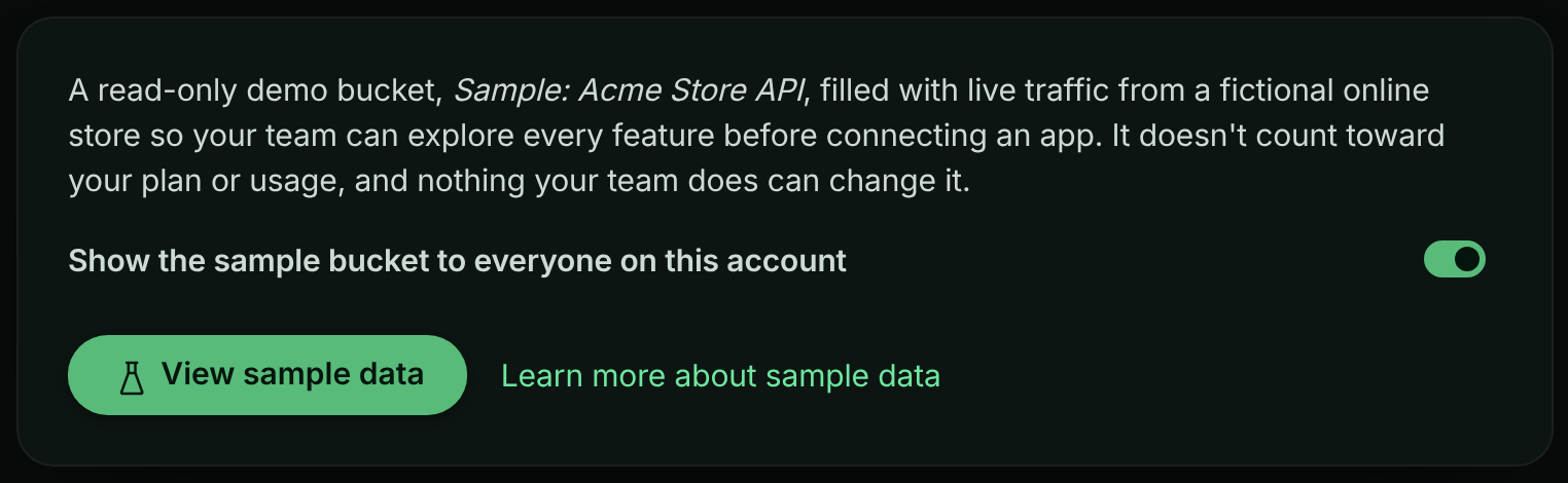 Sample data settings card with the Show the sample bucket to everyone on this account switch turned on and a View sample data button