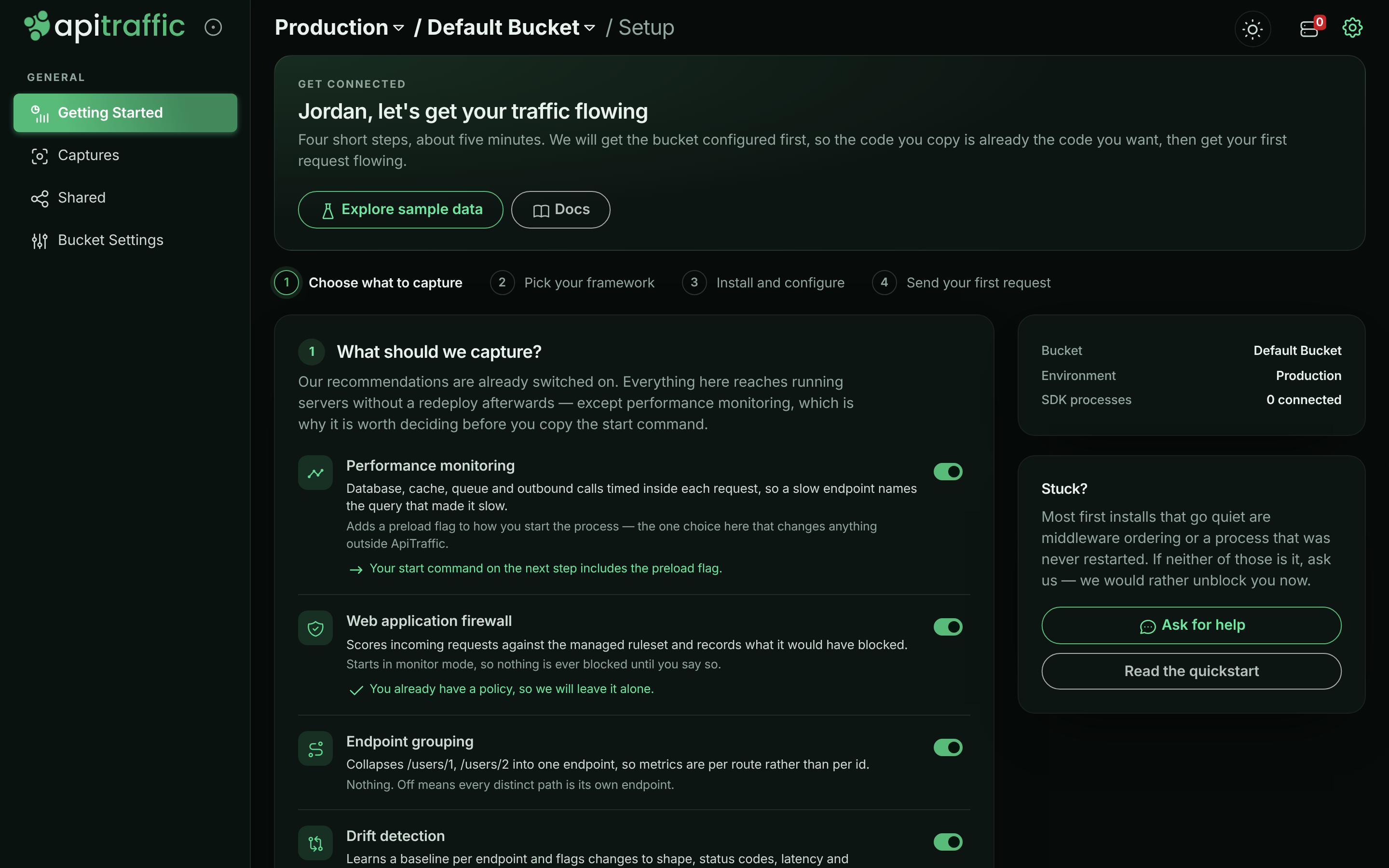 Getting Started page with a four-step progress bar, the feature step open, and a side panel showing the bucket and environment