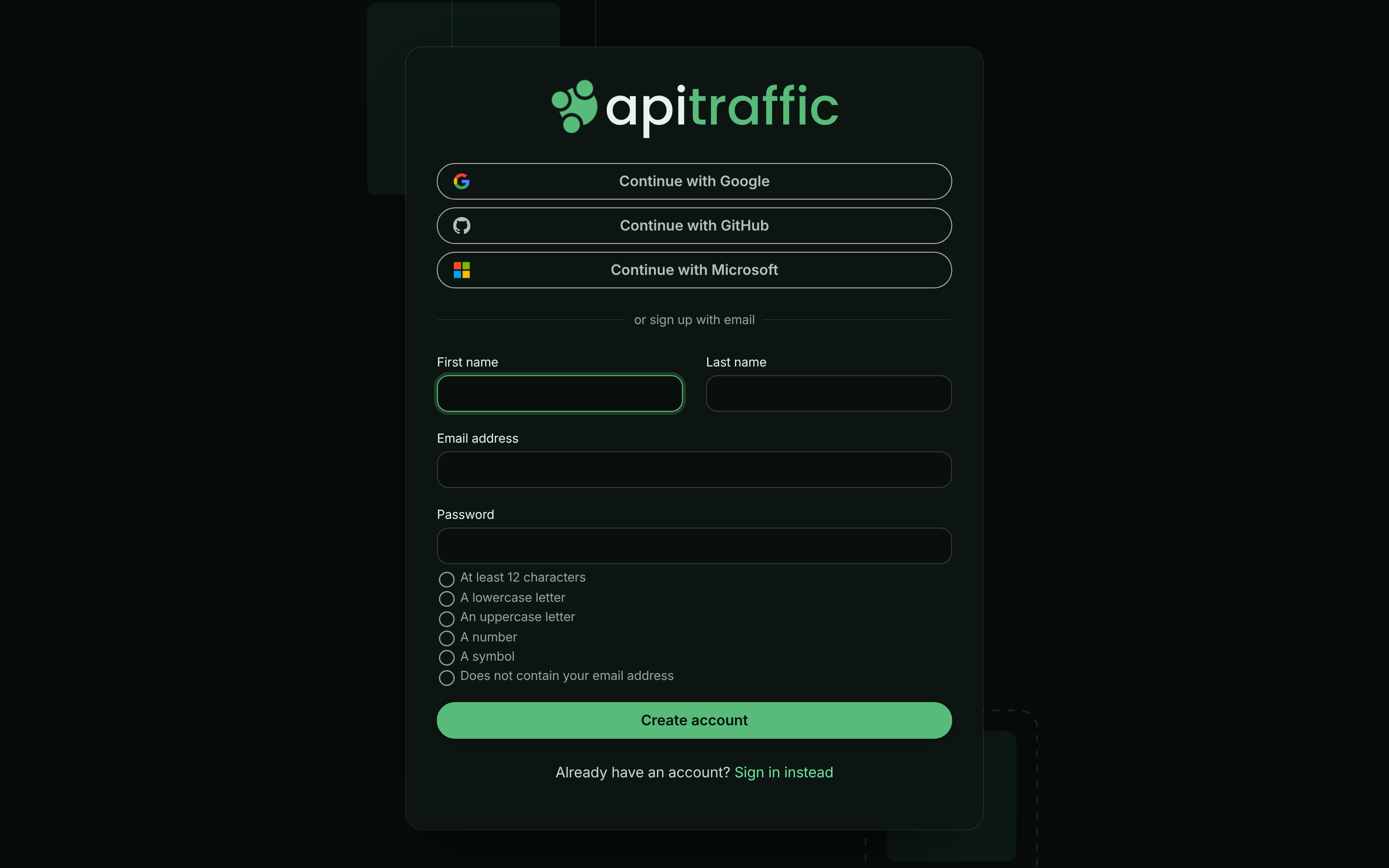 Sign-up form with social sign-in buttons and fields for first name, last name, email address and password