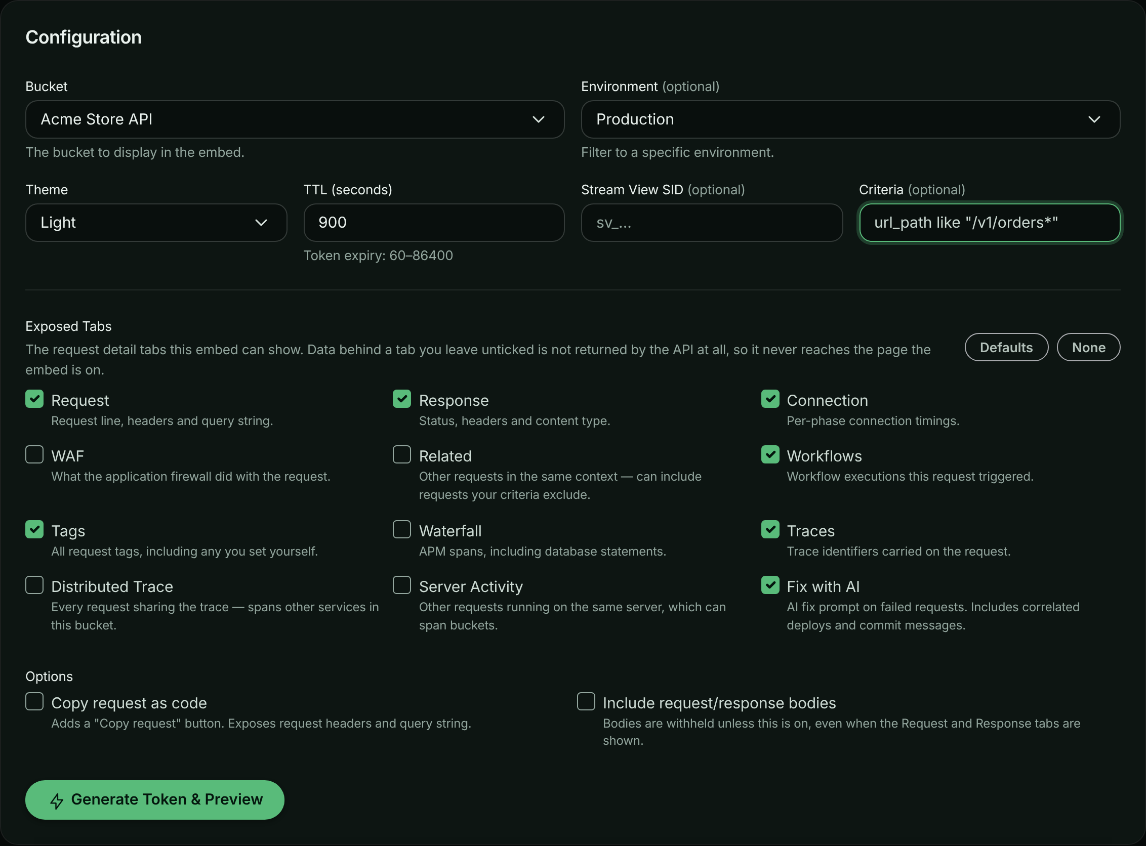 Embed Setup configuration with bucket, environment, theme, TTL, stream view, criteria, exposed tabs and options