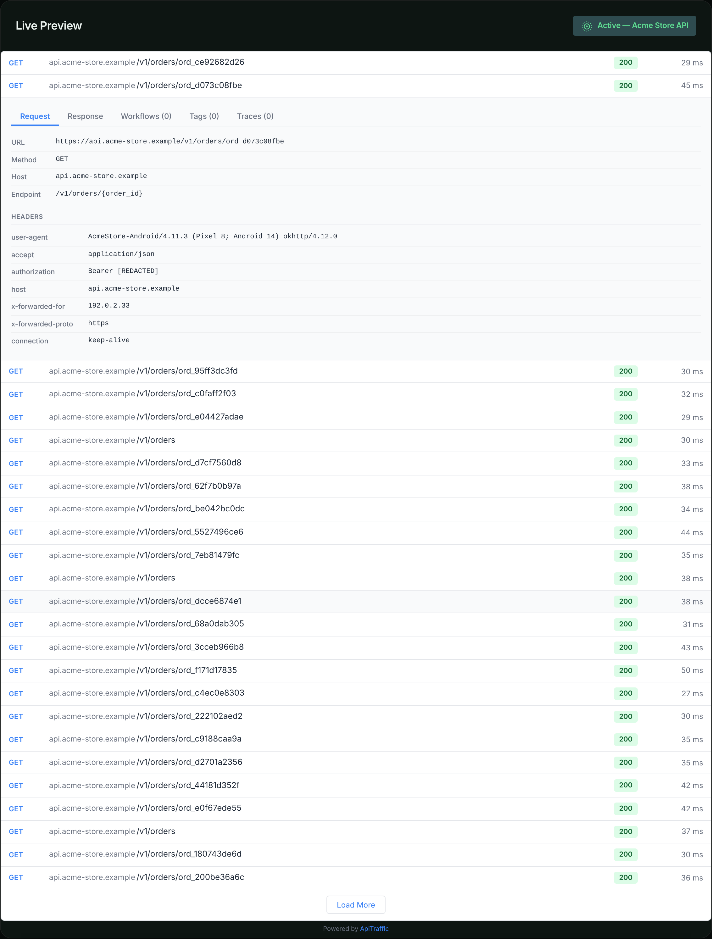 Live Preview of the embedded request log with one request expanded