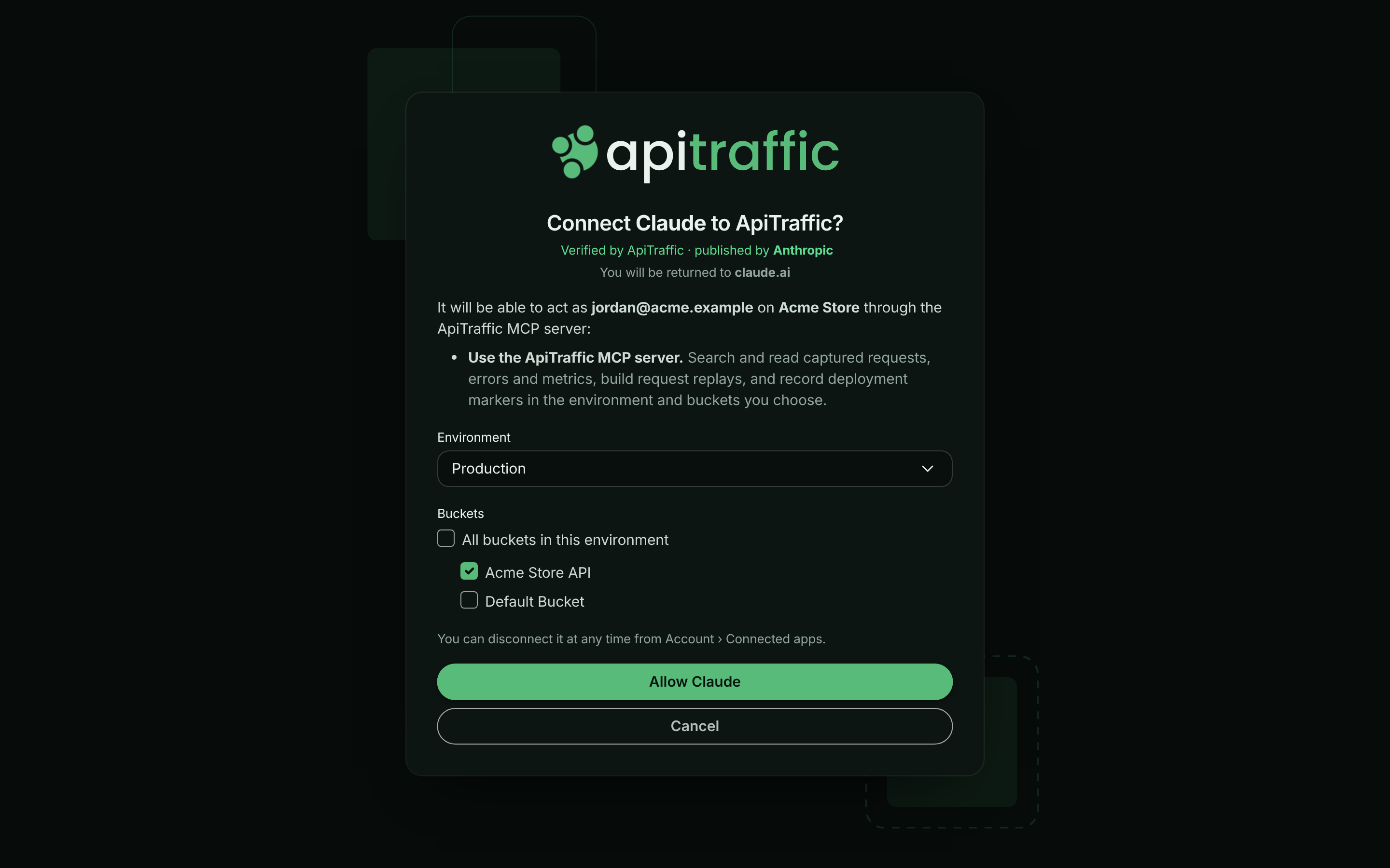 OAuth approval screen asking to connect Claude to ApiTraffic, with the requested access, an environment picker, bucket checkboxes and an Allow button