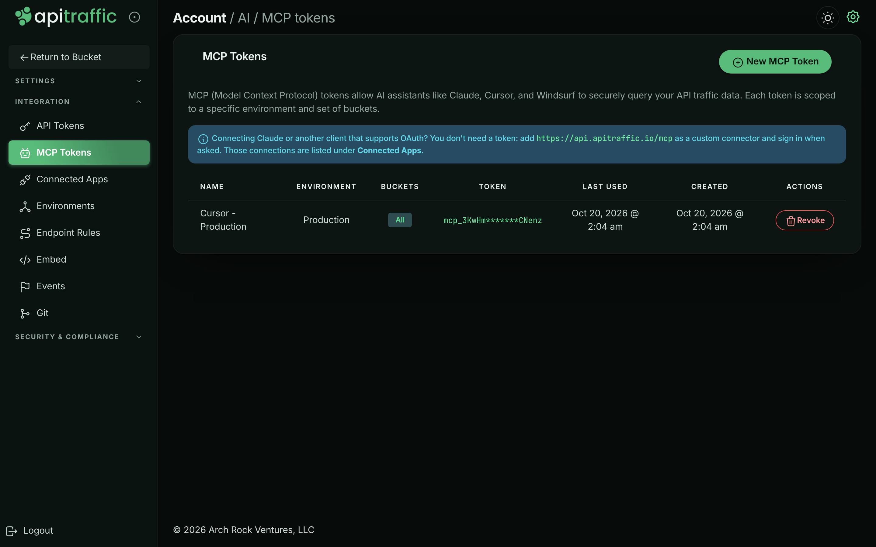 MCP Tokens page listing a token with its environment, bucket access, masked token, last used and created dates, and a New MCP Token button