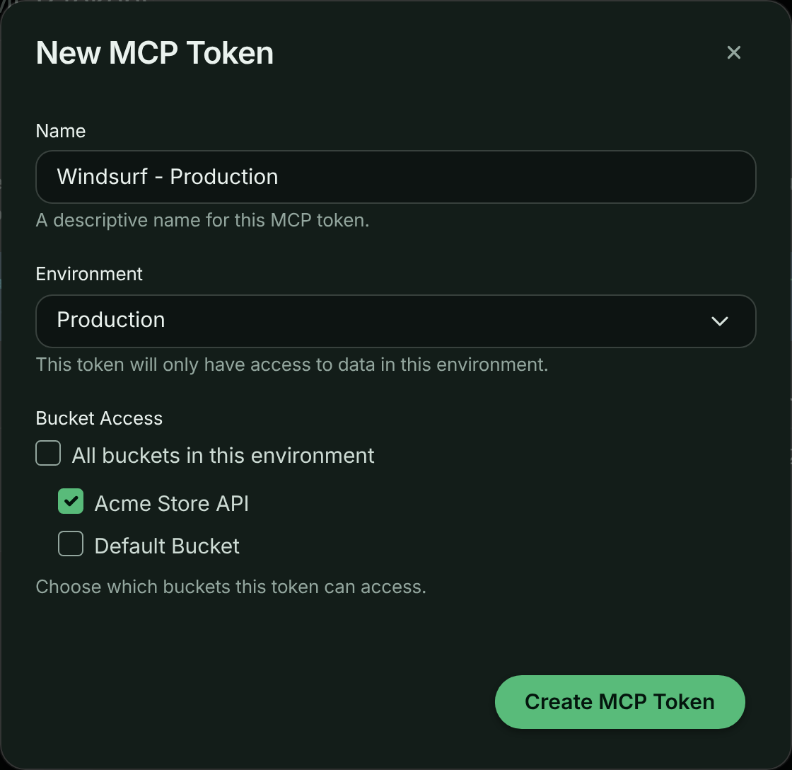 New MCP Token dialog with Name, Environment and Bucket Access fields