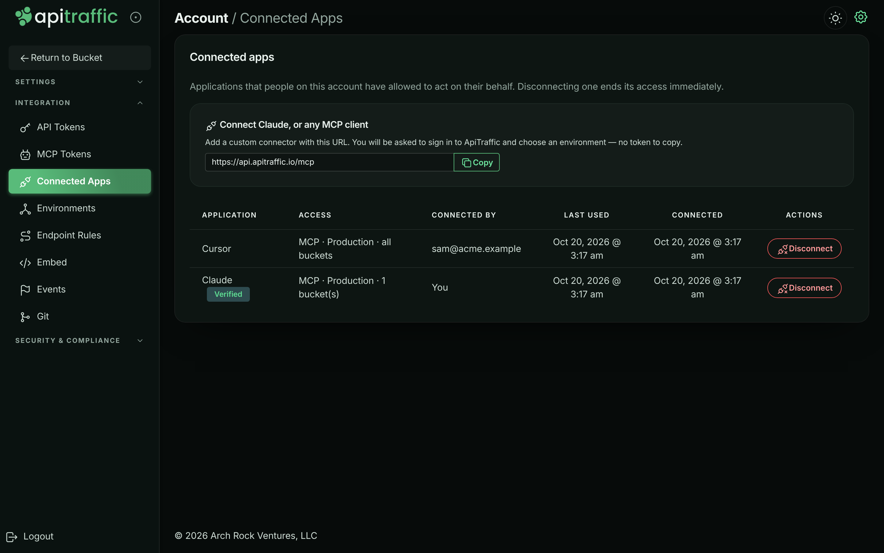 Connected apps page with the MCP server URL and a table of connected applications with access, connected by, last used and Disconnect buttons