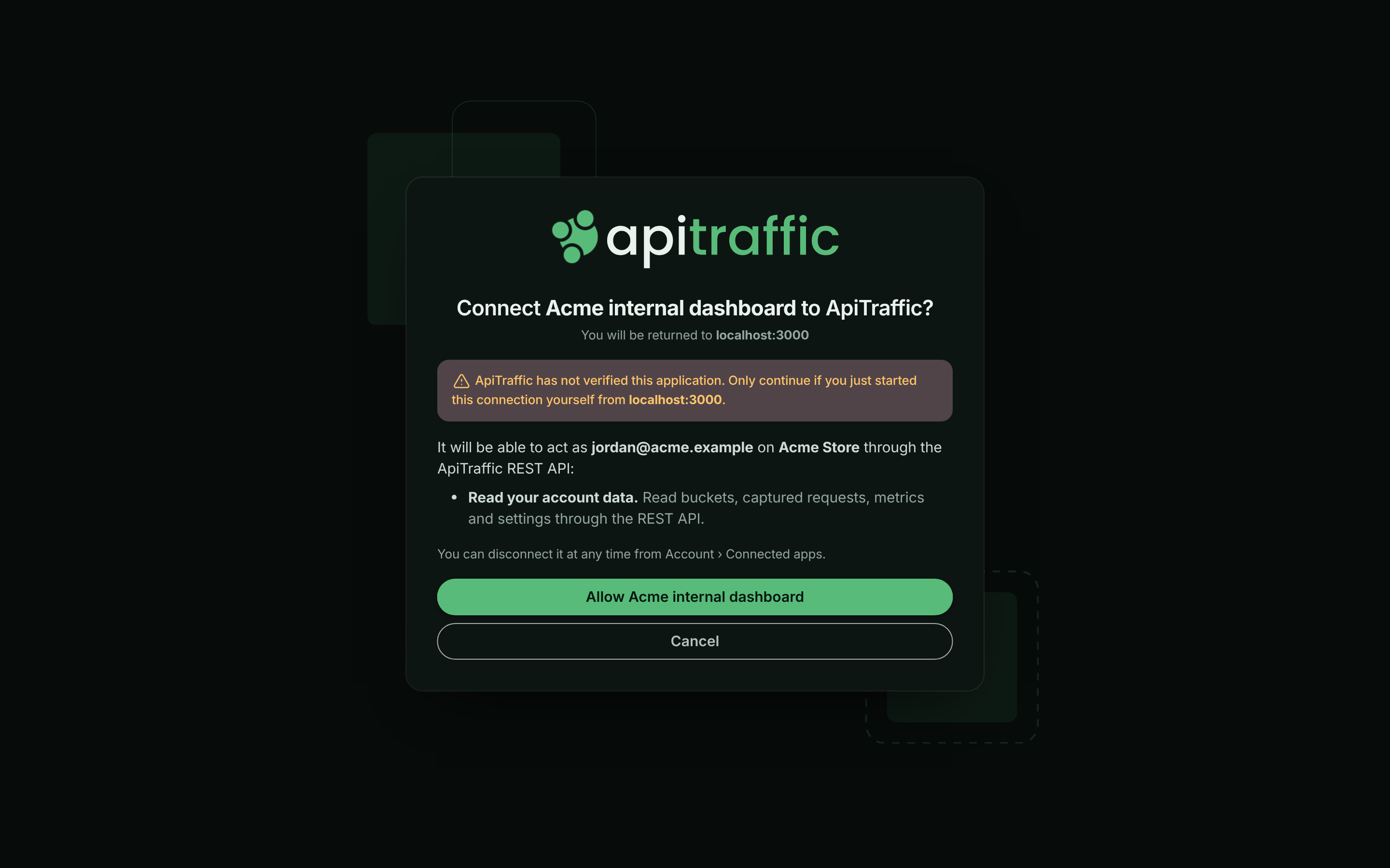 Approval screen asking to connect an unverified application, with a warning, the requested access and Allow and Cancel buttons