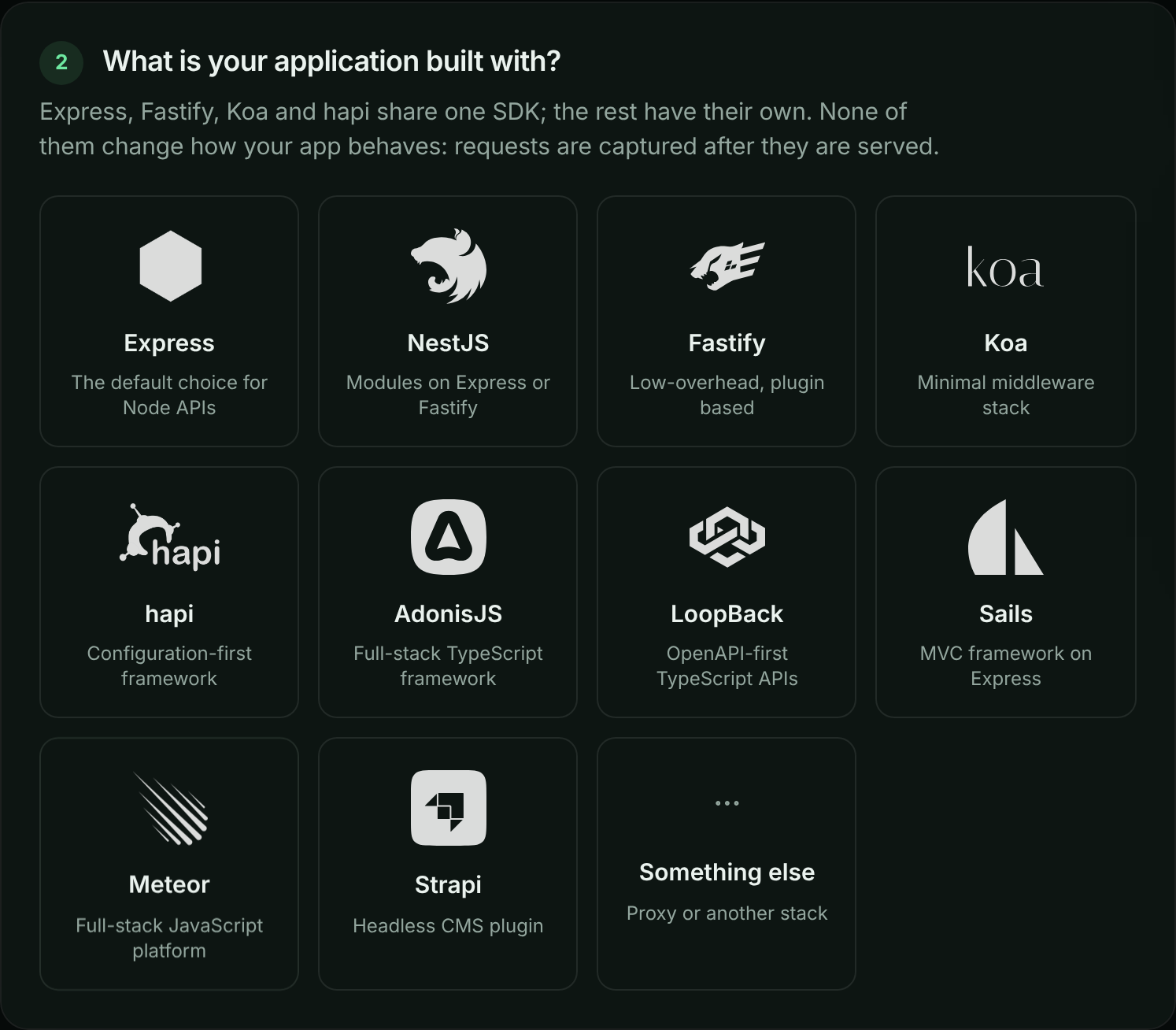 Framework picker with tiles for Express, NestJS, Fastify, Koa, hapi, AdonisJS, LoopBack, Sails, Meteor, Strapi and Something else, none selected