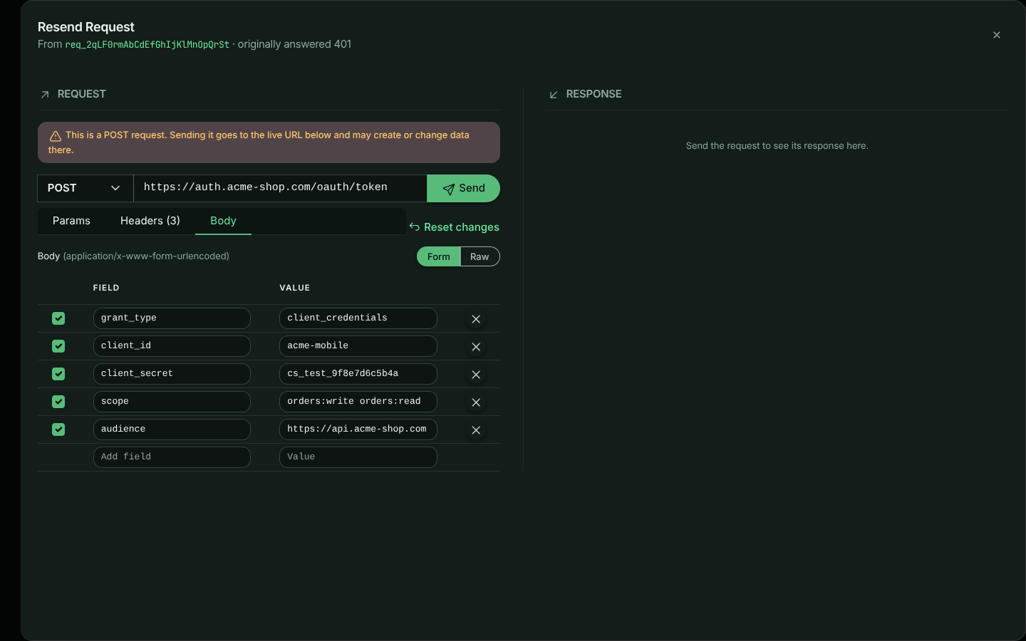 The Body tab for a form request: a Form and Raw switch, and a table of fields including grant_type, client_id, client_secret, scope and audience