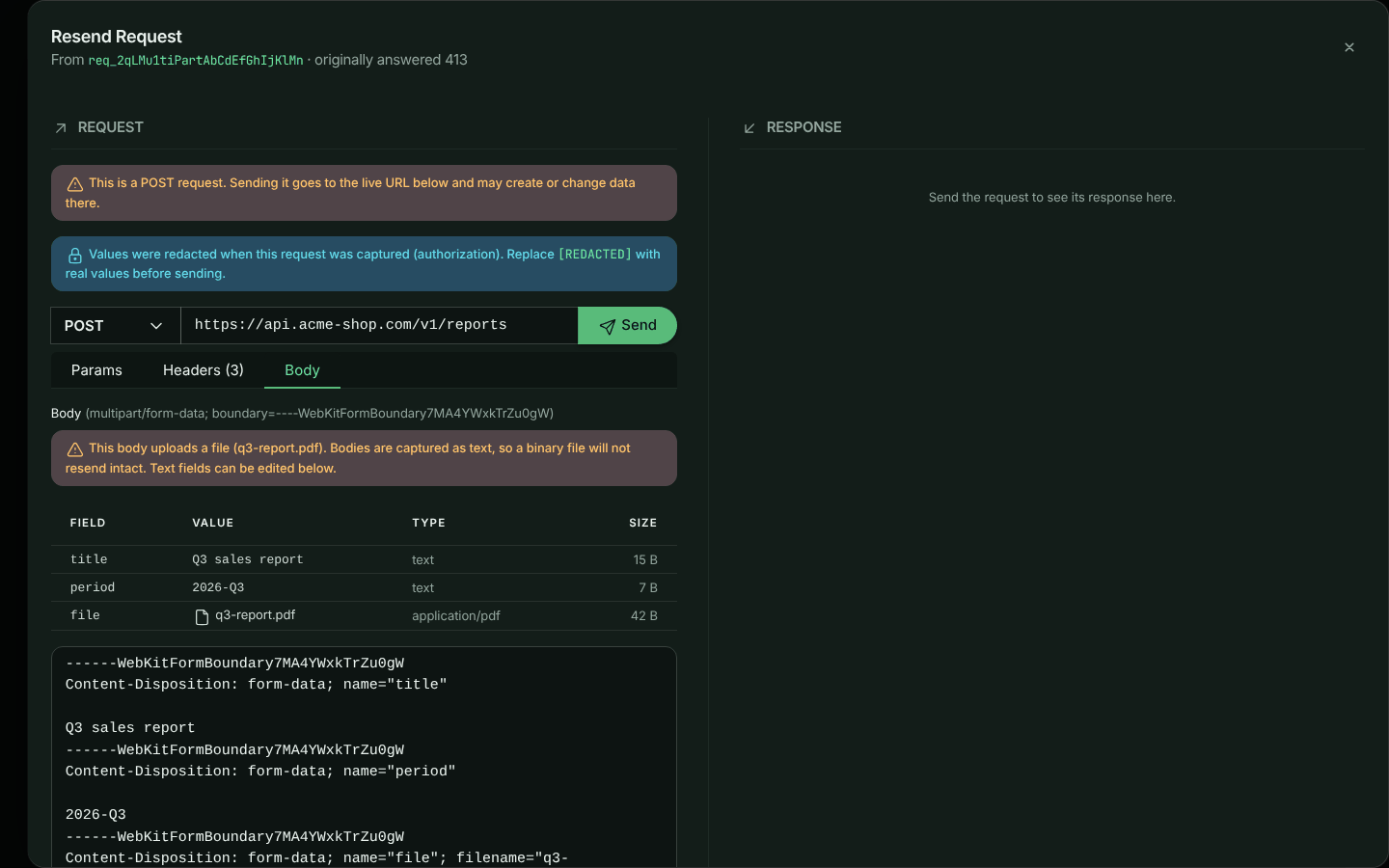 The Body tab for a multipart request: a warning that the body uploads q3-report.pdf, a table of the title, period and file fields, and the raw multipart text below