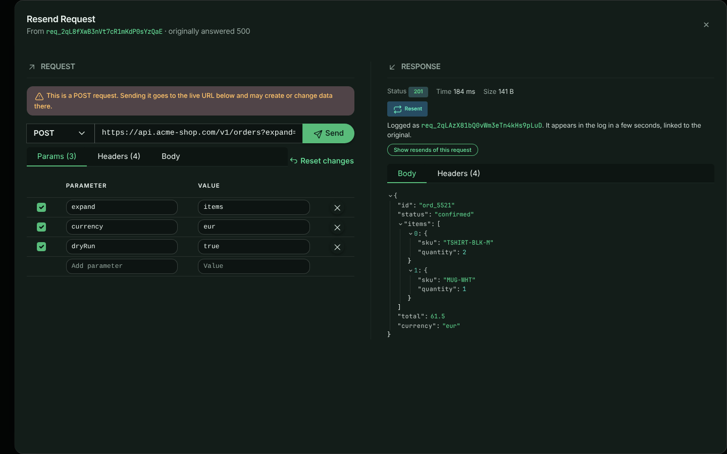 After sending: the Response pane shows status 201, a time of 184 ms and a size of 141 B, a Resent badge with the id the new request was logged under, and the JSON response body