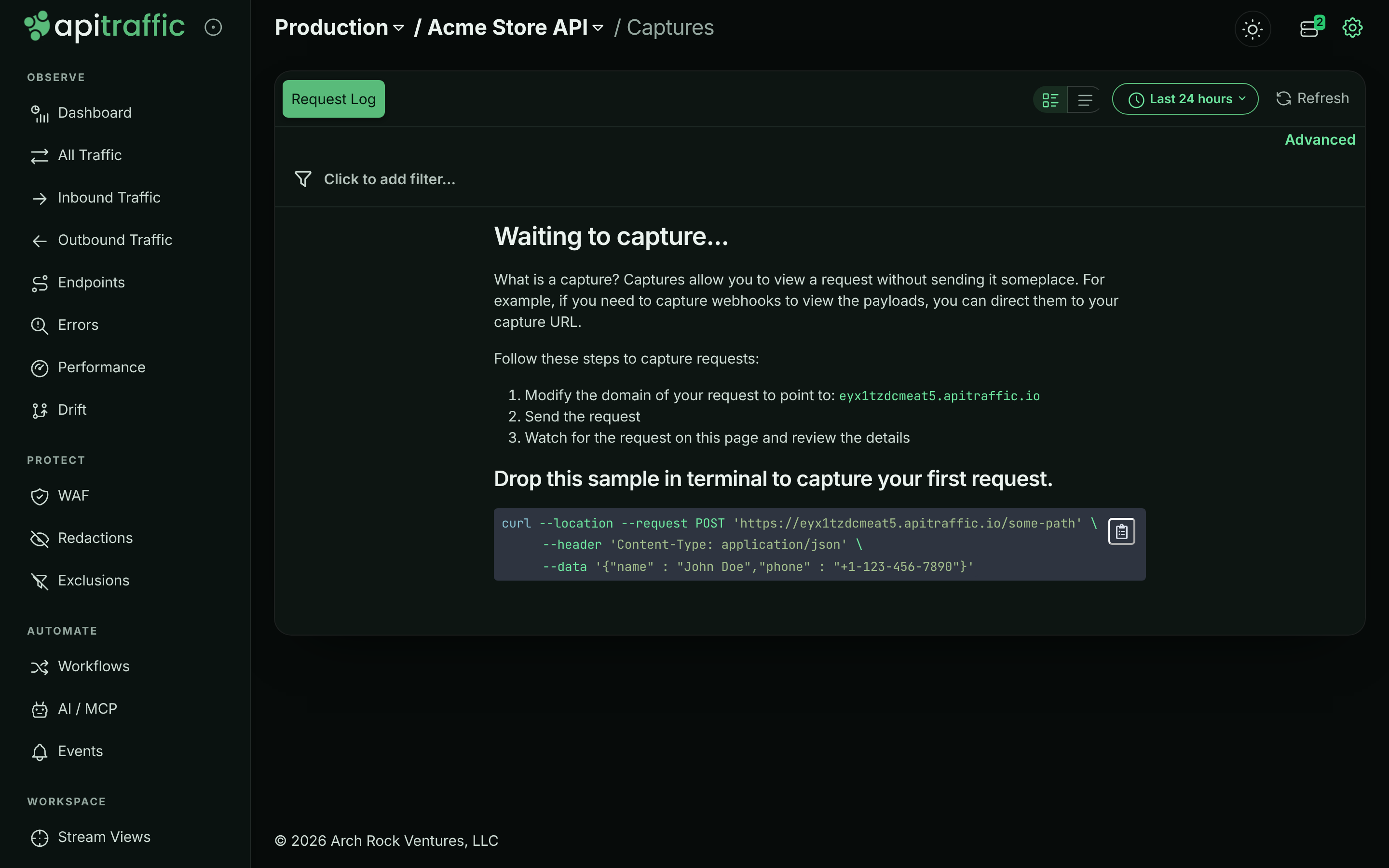 Captures page titled Waiting to capture with three steps, the capture domain and a copyable curl command