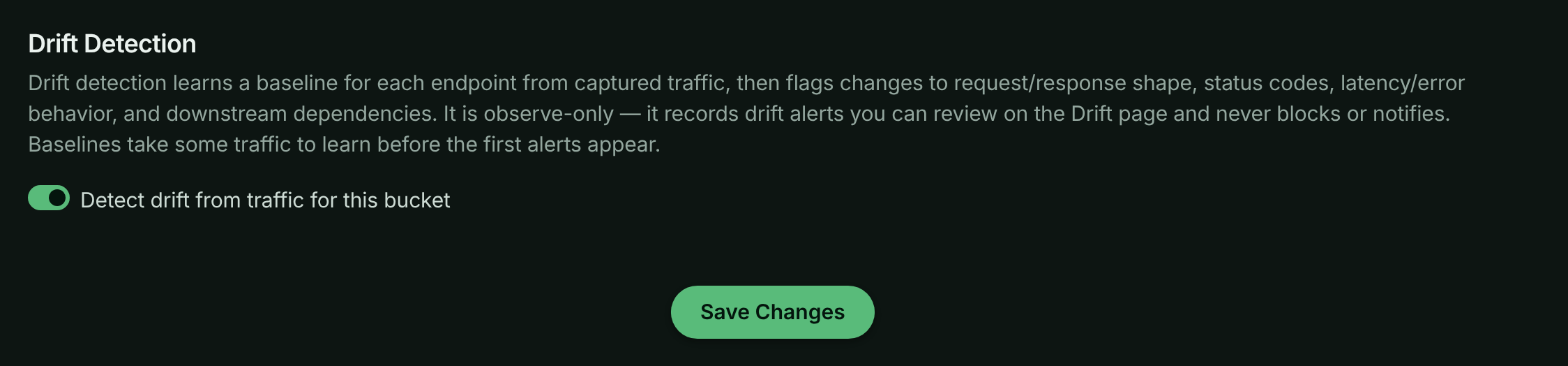 Drift Detection settings with the switch to detect drift from traffic turned on and a Save Changes button