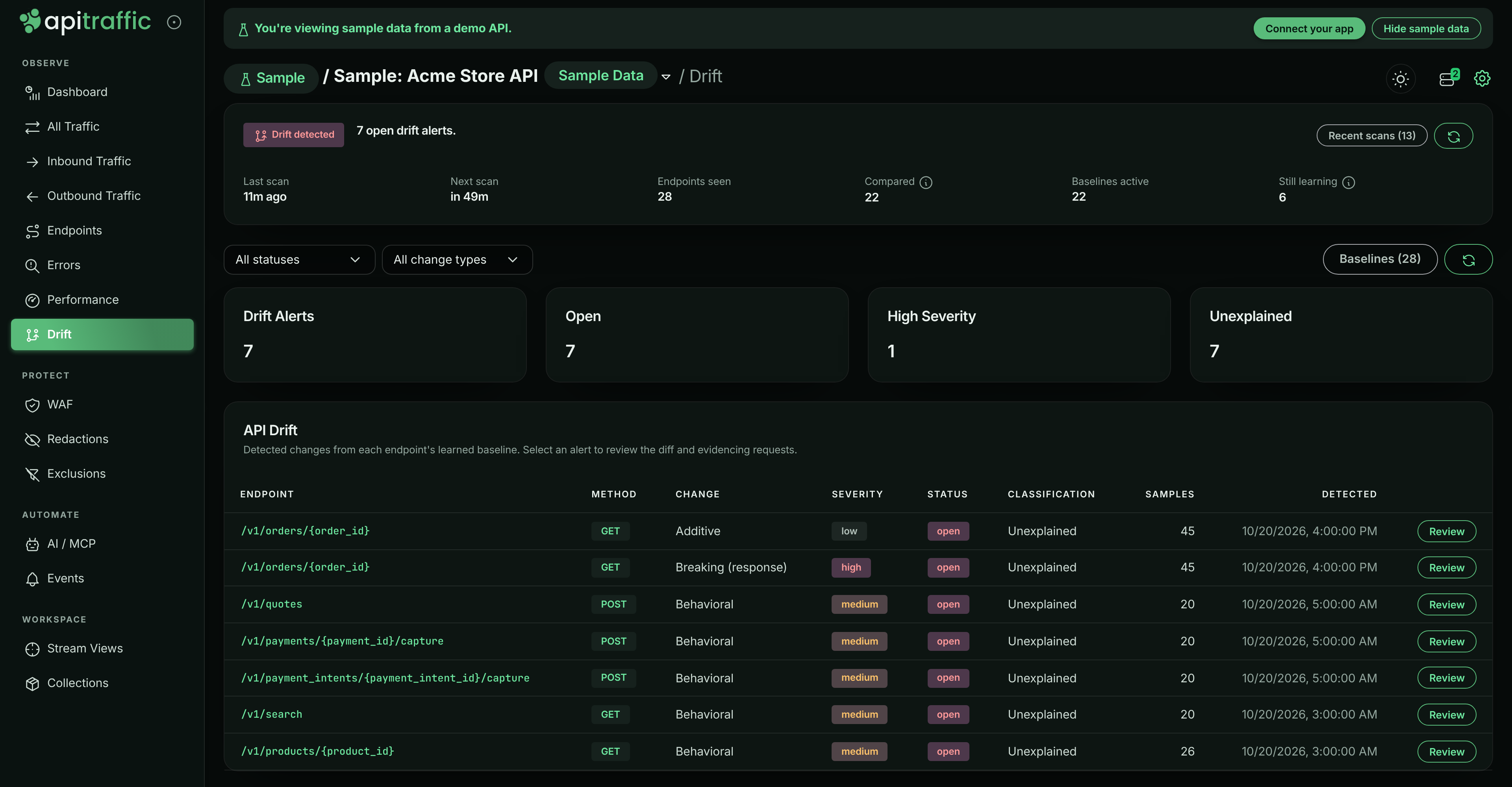 Drift page with the scan health card, four summary tiles and a table of drift findings on GET /v1/orders/{order_id}