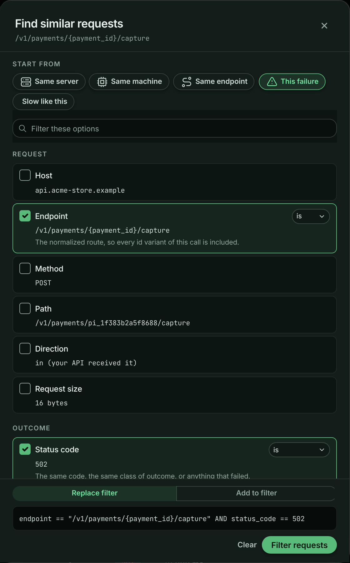 Find similar requests panel with Endpoint and Status code facets selected and the resulting query shown above the Filter requests button