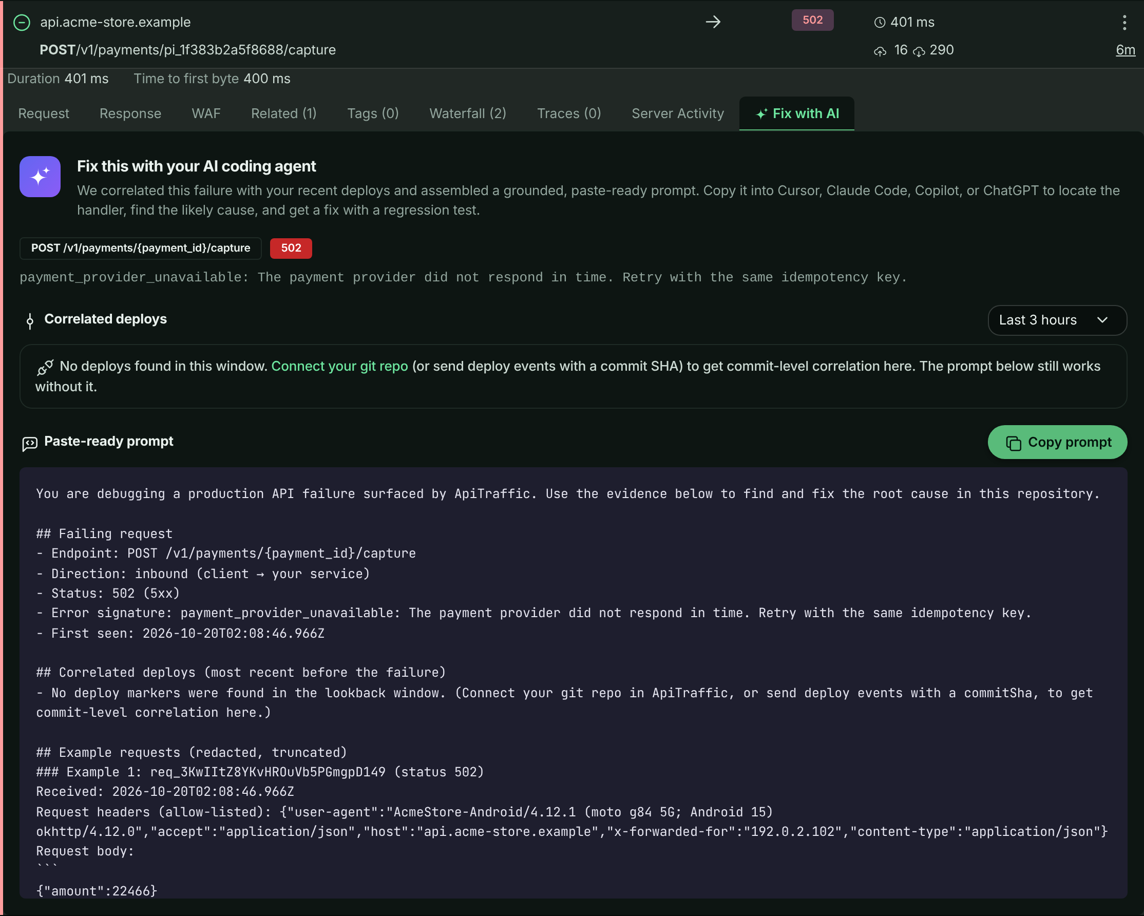 Fix with AI tab showing the failing endpoint and status, correlated deploys and a paste-ready prompt with a Copy prompt button