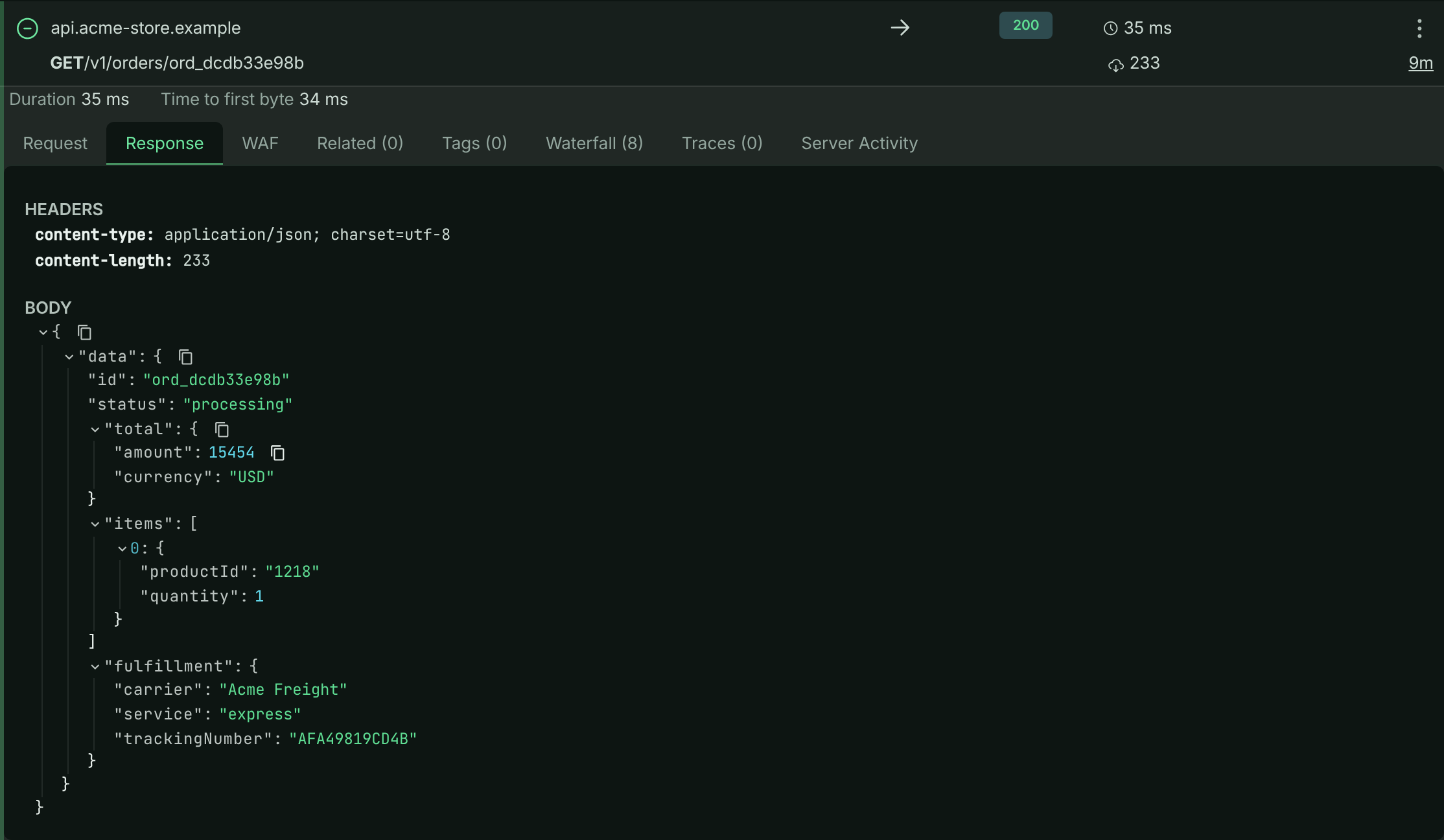 Expanded request showing the Response tab with headers and a formatted JSON body, and the row of tabs above it