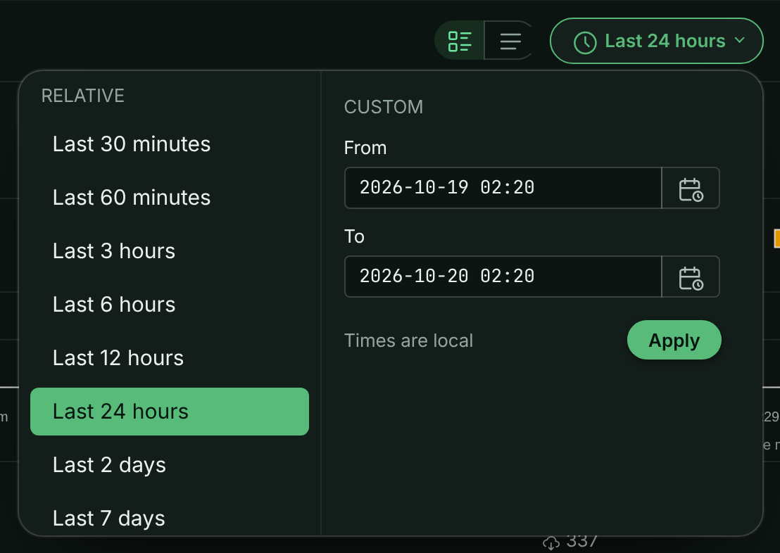 Time range picker with relative presets from the last 30 minutes to Everything, and From and To fields for a custom range