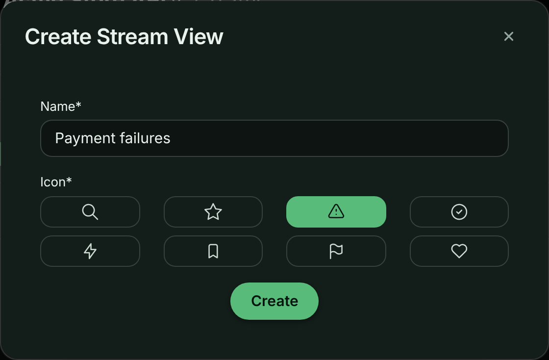 Create Stream View dialog with the Name field filled in and an icon selected