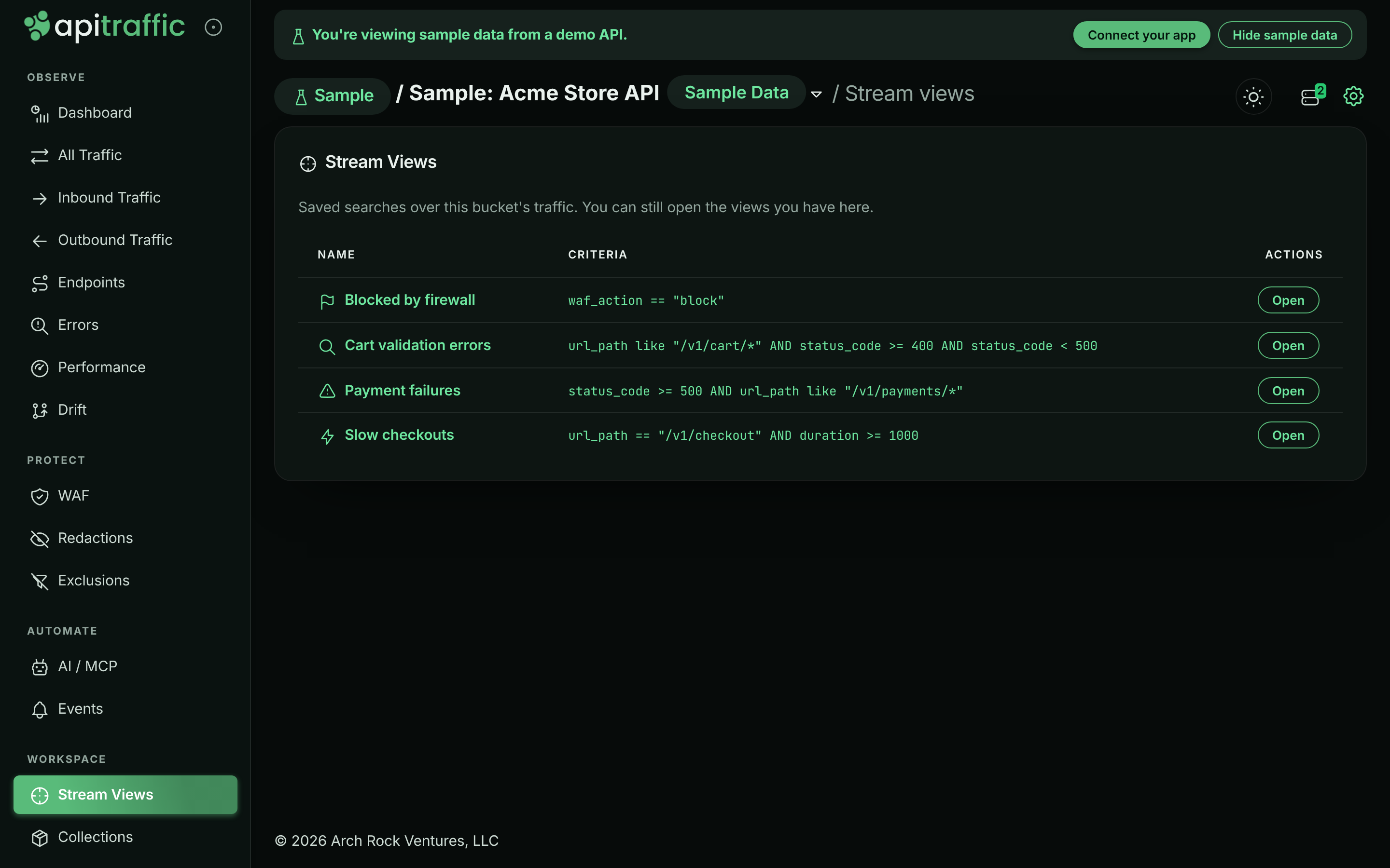 Stream Views list with four stream views, their icons and criteria, and Open buttons